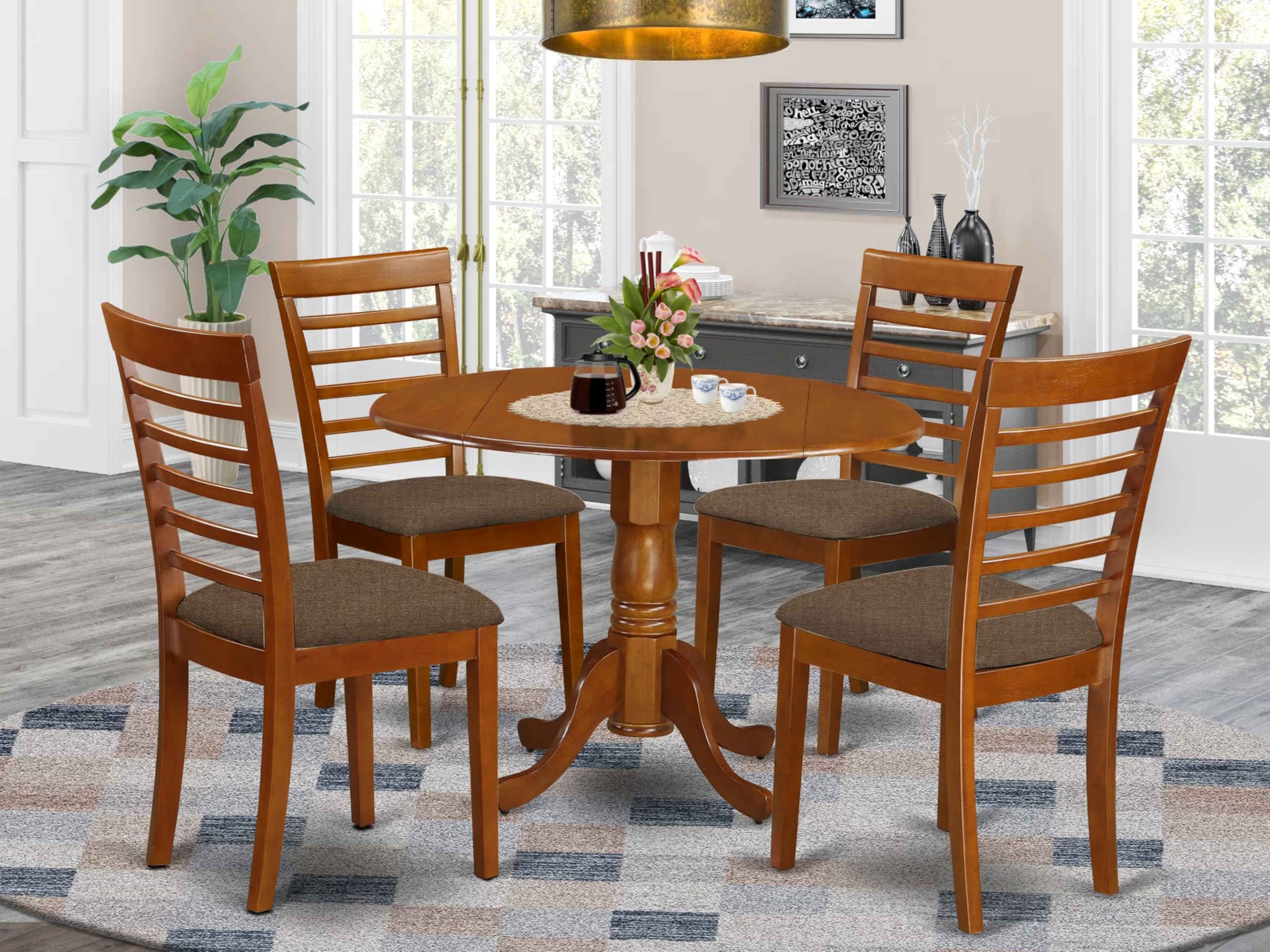 East West Furniture DLML5-SBR-C 5-Piece Round Dining Table Set with Drop Leaf & 4 Upholstered Chairs, 42x42 Inch, Saddle Brown - Perfect for Small Spaces, Breakfast Nooks & Cozy Kitchen Dining Areas