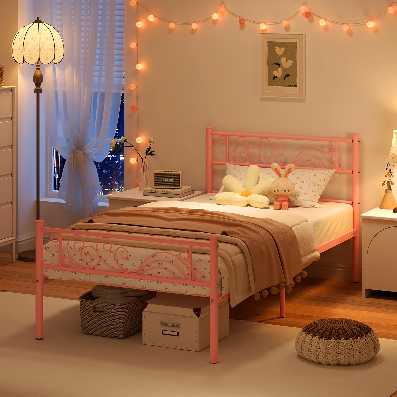 Weehom Twin Bed Frame with Metal Platform & Heavy Duty Steel Slats - Under Bed Storage Solution for Kids Room (Pink) | Space-Saving Bedroom Furniture for Small Spaces & Dorm Rooms