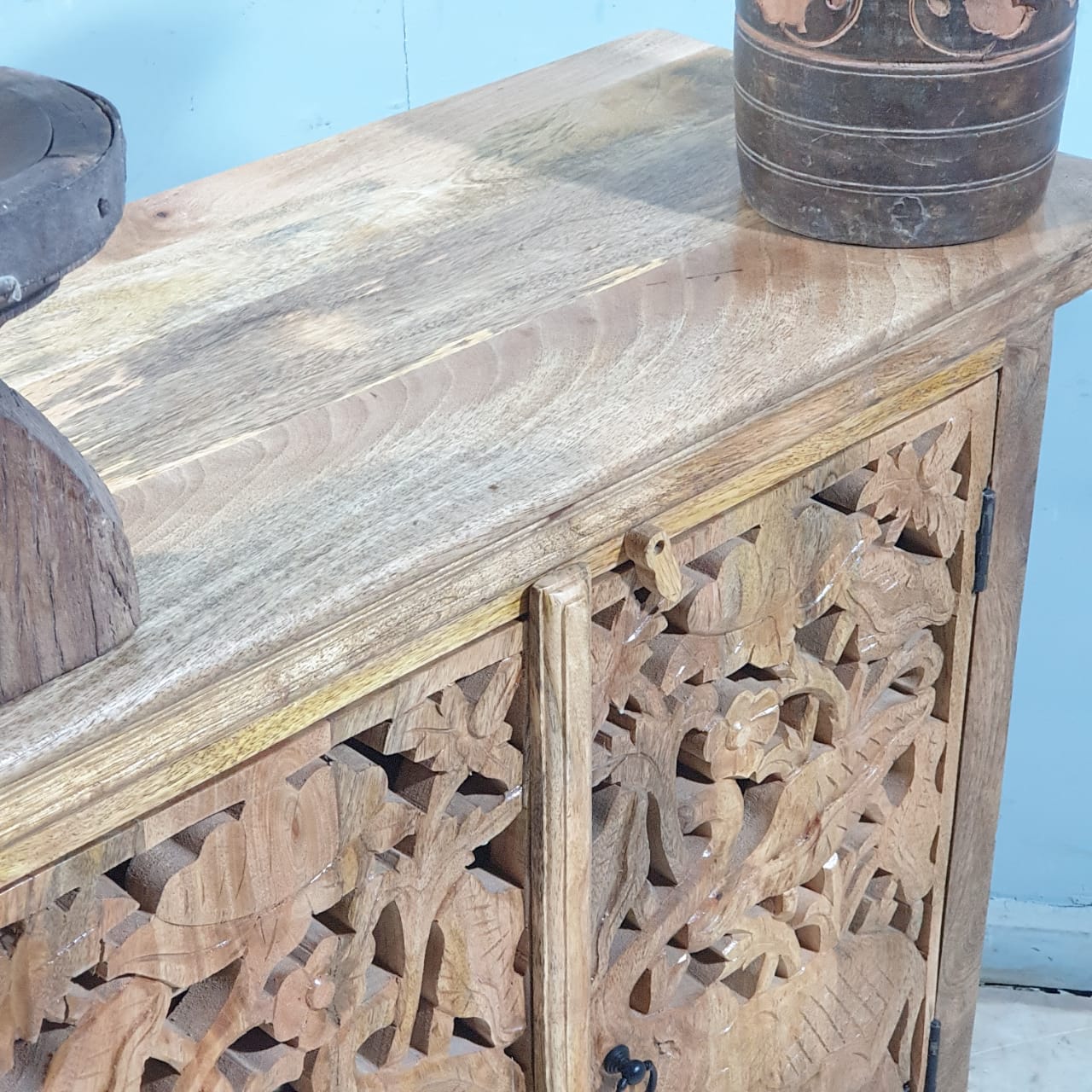 Handcrafted Elephant Carved Solid Wood Buffet Cabinet - 35.4x15.7x35.4 Inches Brown - Perfect for Dining Room Storage & Rustic Home Decor