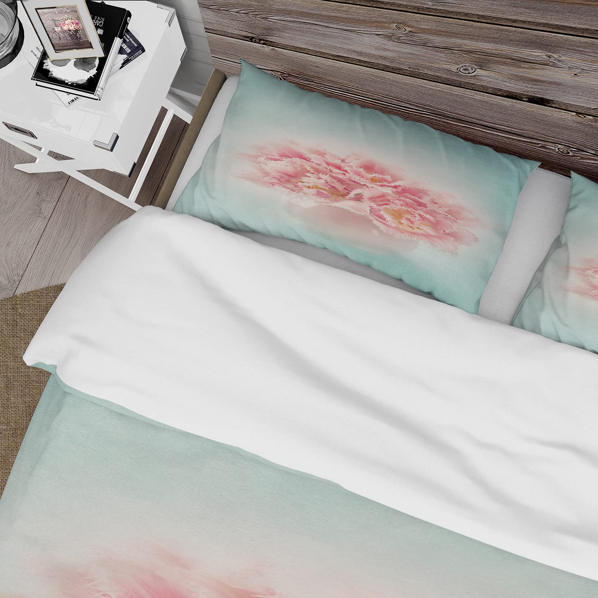 Pink Tulips in Vase Nautical Coastal Duvet Cover Set King Size - 3 Piece Floral Bedding Collection for All Seasons | Perfect for Beach House, Coastal Decor & Master Bedroom