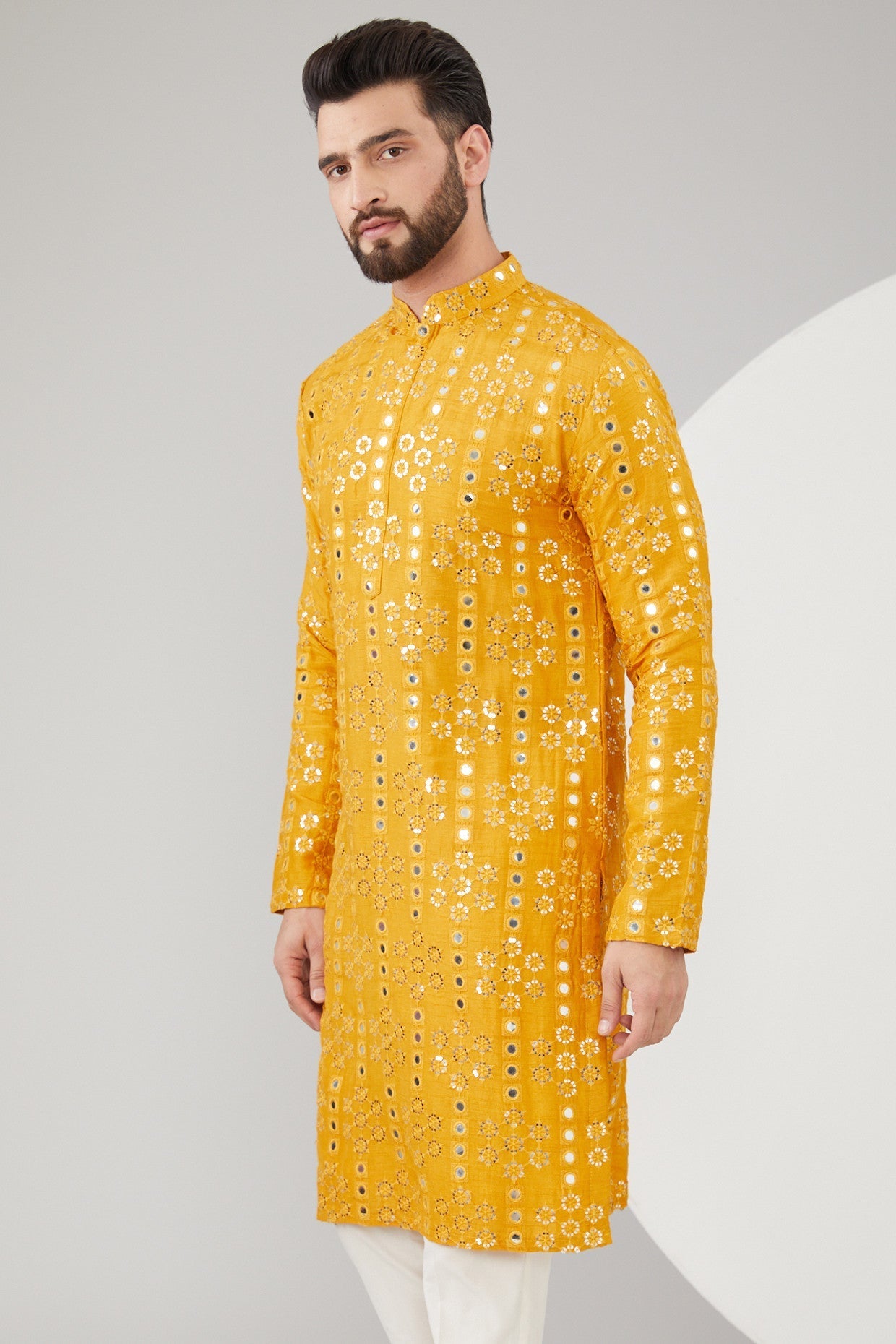 Mustard Silk Mirror Work Kurta for Women | Elegant Embroidered Indian Tunic Top | Perfect for Festivals, Weddings & Special Occasions