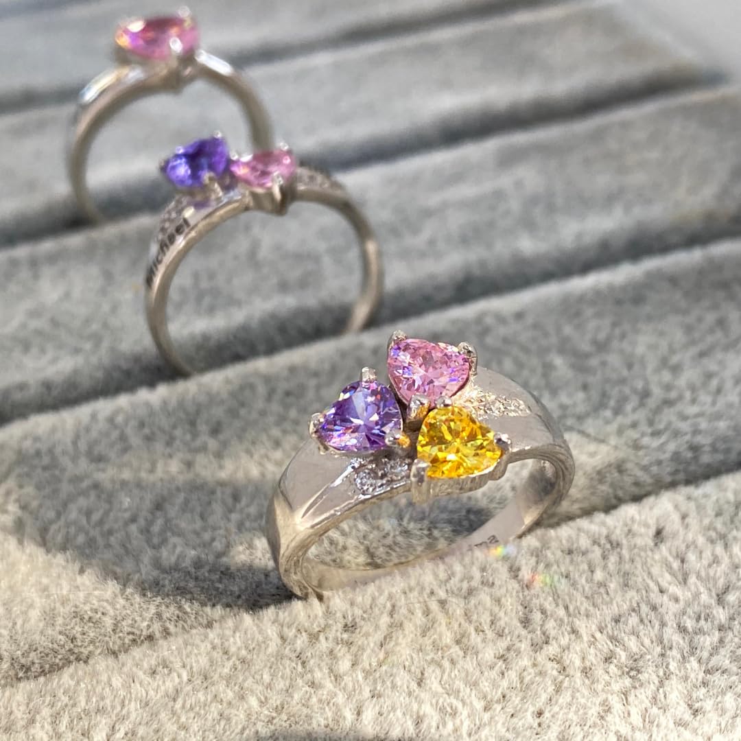 Custom 3 Birthstone Mothers Rings with Engraved Names - Sterling Silver, 10K & 14K White Gold - Personalized Jewelry for Women (Sizes 5-12) - Perfect Gift for Mother's Day, Birthday & Anniversary