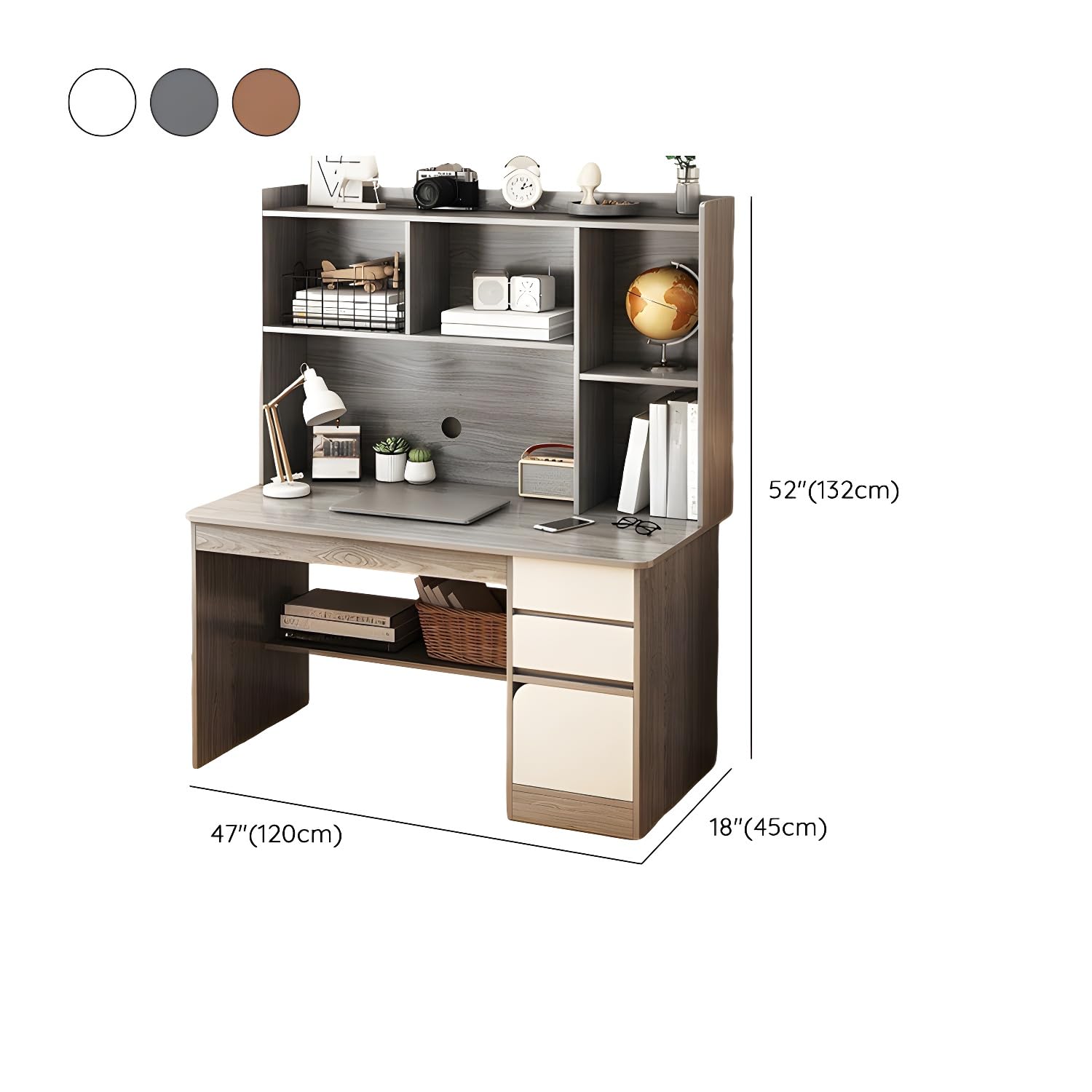 Modern Grey Wooden Credenza Desk with Storage Drawers & Shelves - 47