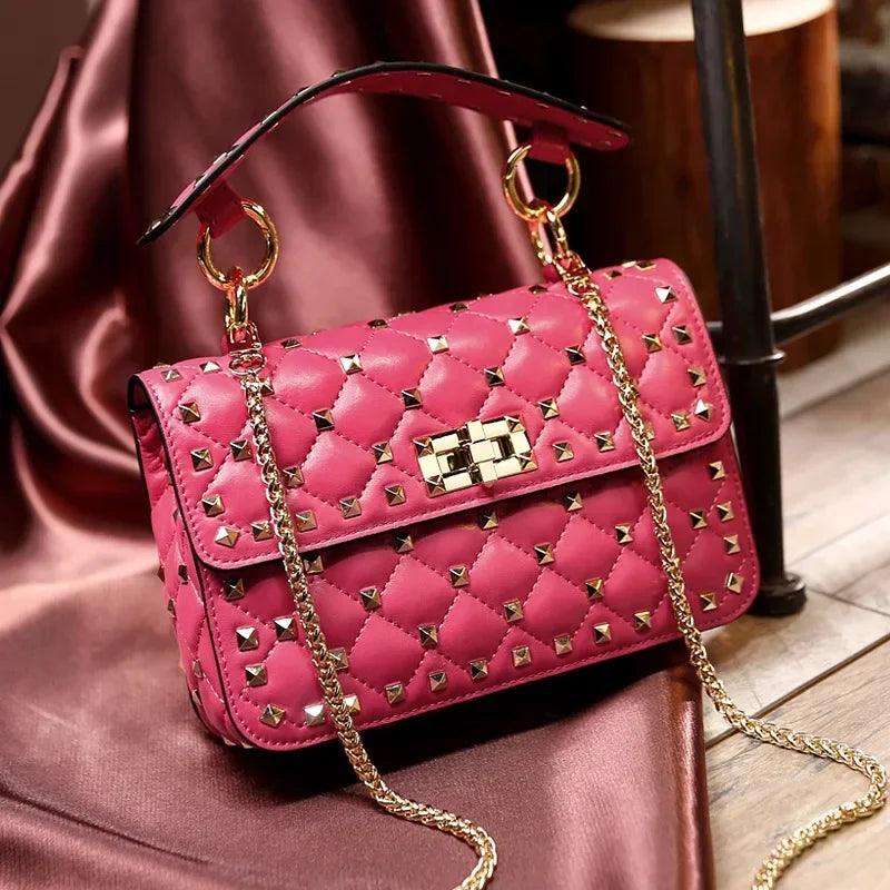 Luxury Women's Sheepskin Leather Handbag with Rivet & Chain Strap - Designer Shoulder Bag & Messenger Purse for Work, Travel & Evening Out