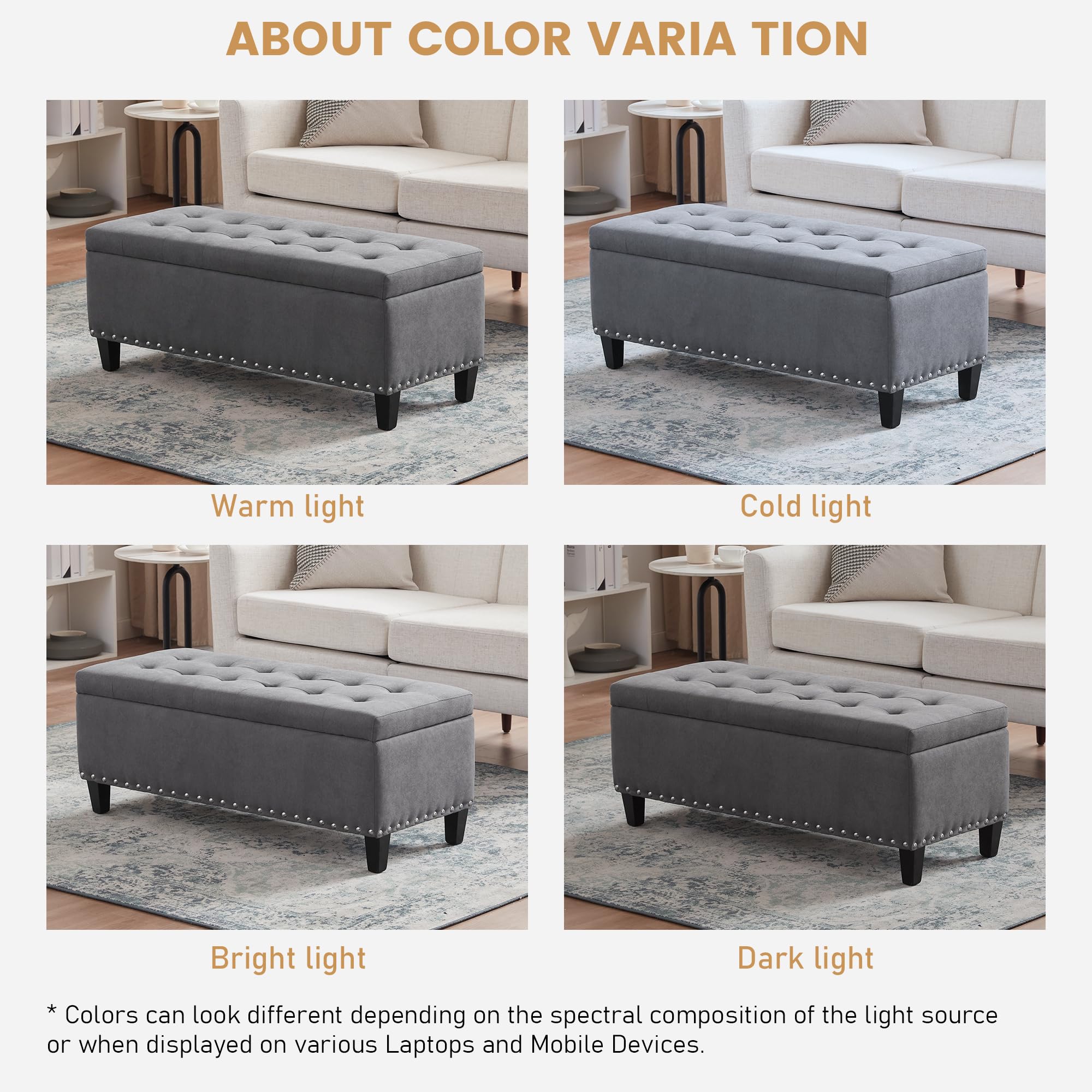 HUIMO 41-inch Upholstered Fabric Storage Ottoman Bench with Safety Hinge - Button-Tufted Design, Grey - Multi-Functional Footrest & Seat for Bedroom, Living Room, Entryway - Perfect as Bed End Bench, Coffee Table Alternative & Extra Storage Solution