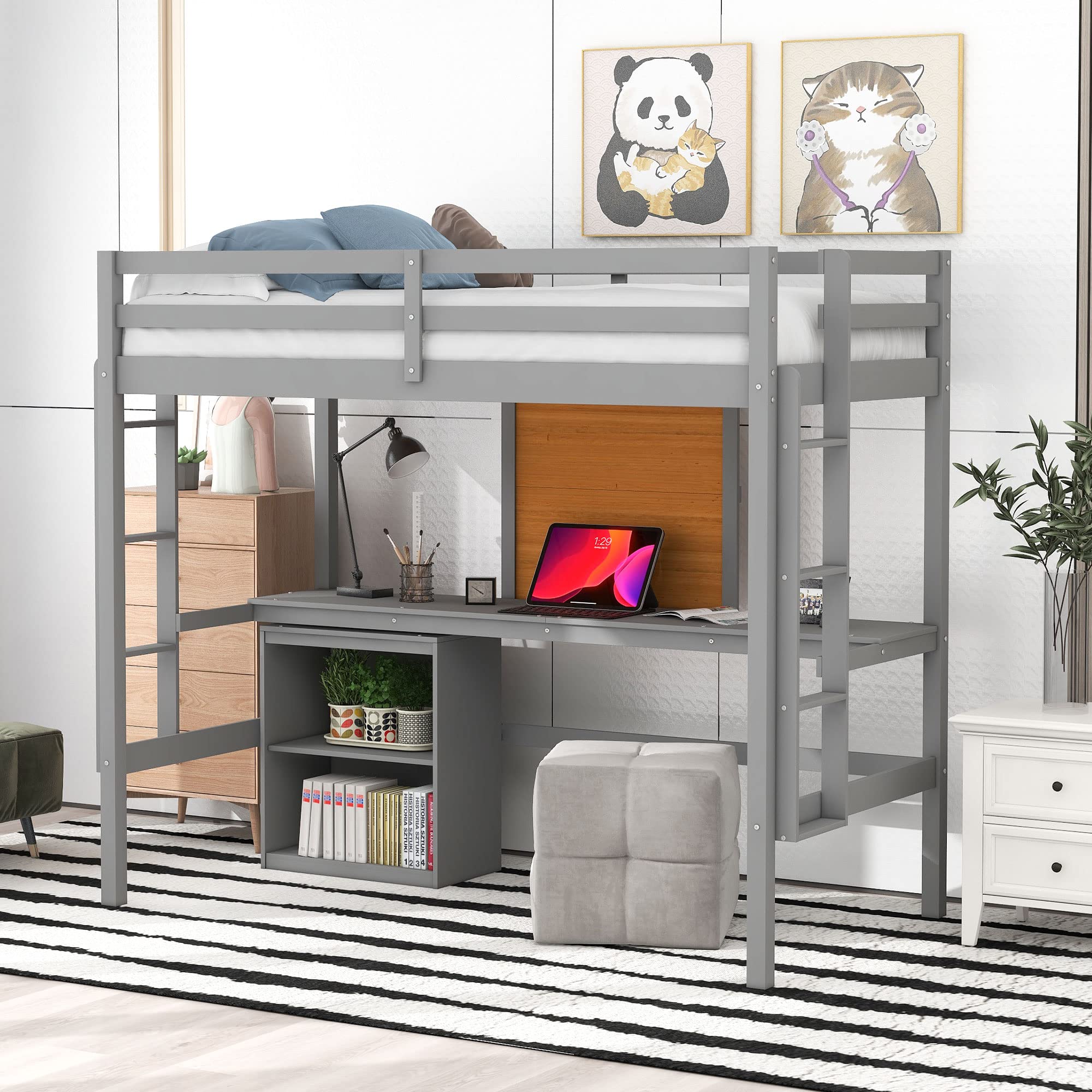 Gray Twin Loft Bed with Desk & Drawers - Space-Saving Study Solution