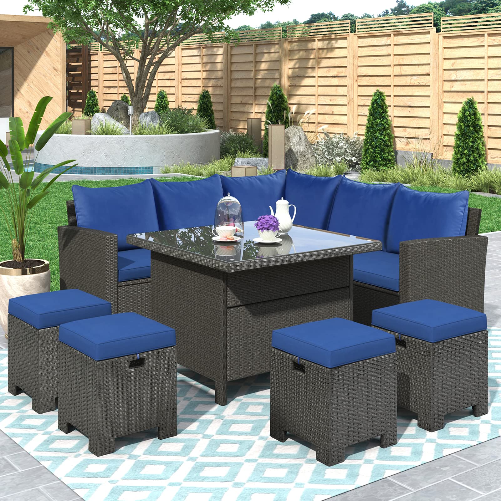 8-Piece All-Weather PE Wicker Patio Furniture Set - Outdoor Sectional Sofa with Corner Chair, Tempered Glass Coffee Table & 4 Ottomans in Blue & Rattan - Perfect for Backyard, Garden, Poolside or Deck Relaxation