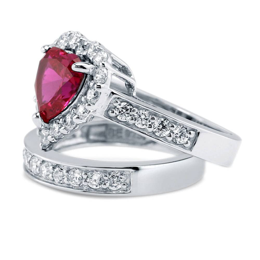 BERRICLE Sterling Silver Halo Wedding & Engagement Ring Set - Simulated Ruby Heart Shape Cubic Zirconia CZ Statement Ring for Women, Rhodium Plated Size 4-10 | Perfect for Valentine's Day, Anniversary Gifts & Romantic Proposals