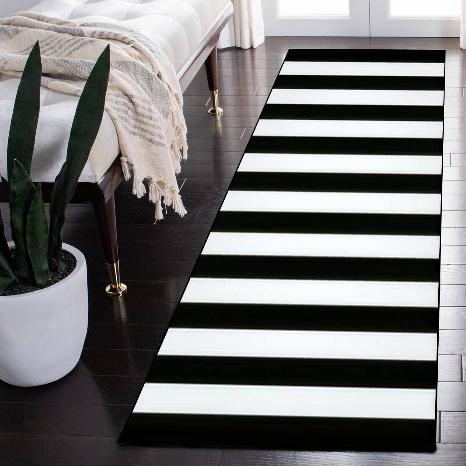 Non-Slip Black and White Striped Long Rug - Indoor/Outdoor Floor Mat for Hallway, Entryway, Living Room, Bathroom, Kitchen | Durable Carpet Runner & Yoga Mat for Home Decor, Fitness & High Traffic Areas