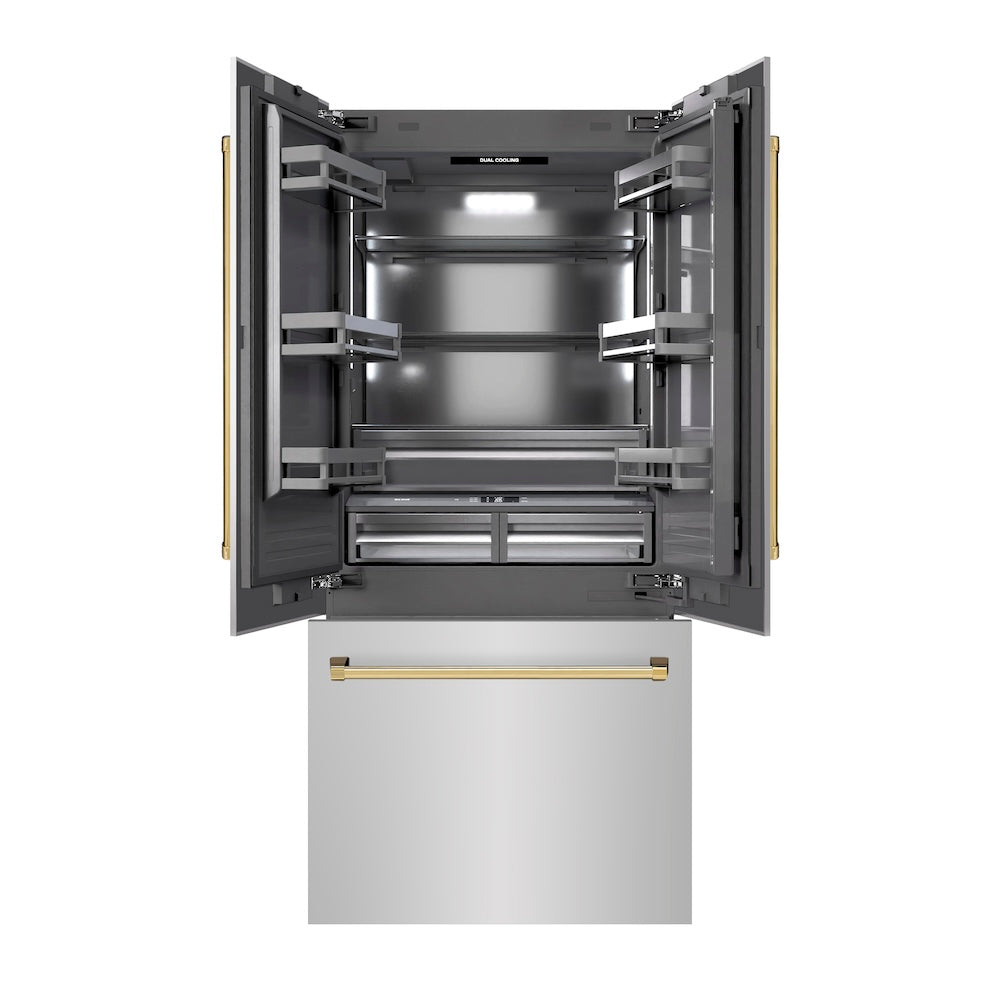 ZLINE Autograph Edition 36 Inch 19.6 cu ft French Door Built-In Bottom Freezer Refrigerator with Water Dispenser & Ice Maker - Stainless Steel with Graphite Gray Interior & Polished Gold Accents (GRBIVZ 304 36G) - Perfect for Modern Kitchens & Luxury Homes