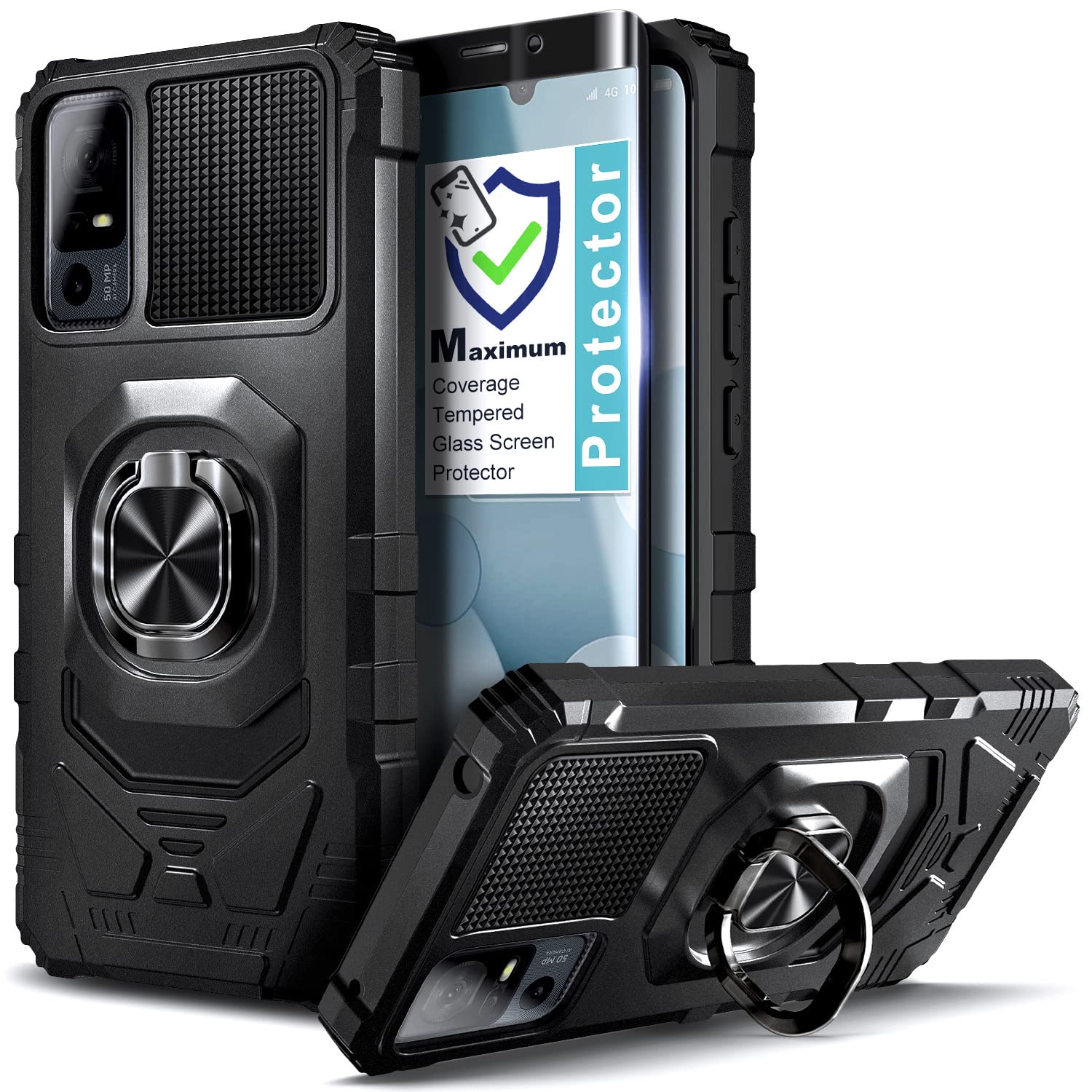 Premium TCL 40 XE 5G Case (Verizon) & TCL 40 X 5G (T609M) Case - Military Grade Shockproof Cover with Tempered Glass Screen Protector & Ring Holder - 16FT Drop Tested Full Body Protection (Black) - Perfect for Outdoor Activities, Travel & Daily Use