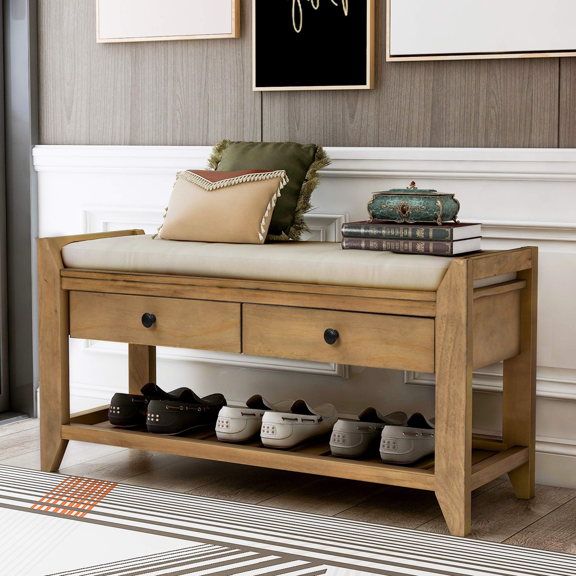 P PURLOVE Entryway Storage Bench with Cushioned Seat - Shoe Rack with 2 Drawers & Storage Shelf - Old Pine Finish - Perfect for Entryway, Mudroom, or Bedroom Organization