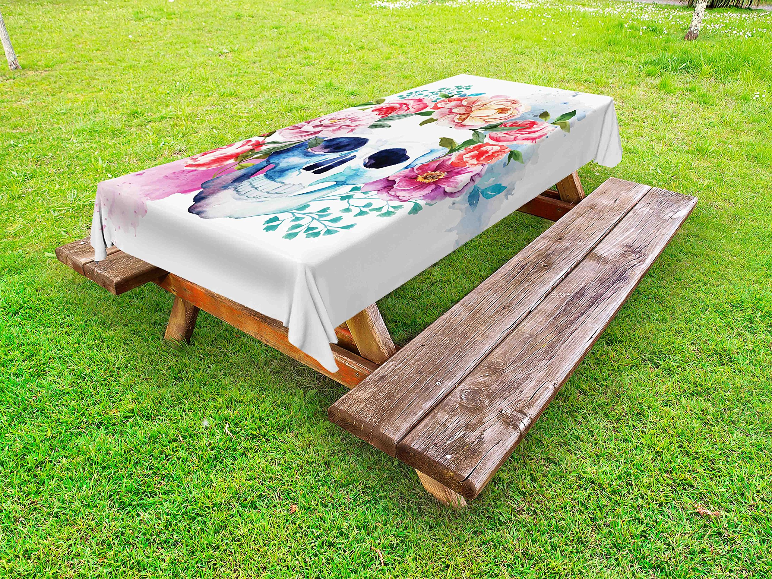 Ambesonne Skull Outdoor Tablecloth - Victorian Style Dead Skeleton with Colorful Floral Head Graphic Art Print, Washable Picnic Table Cover 58