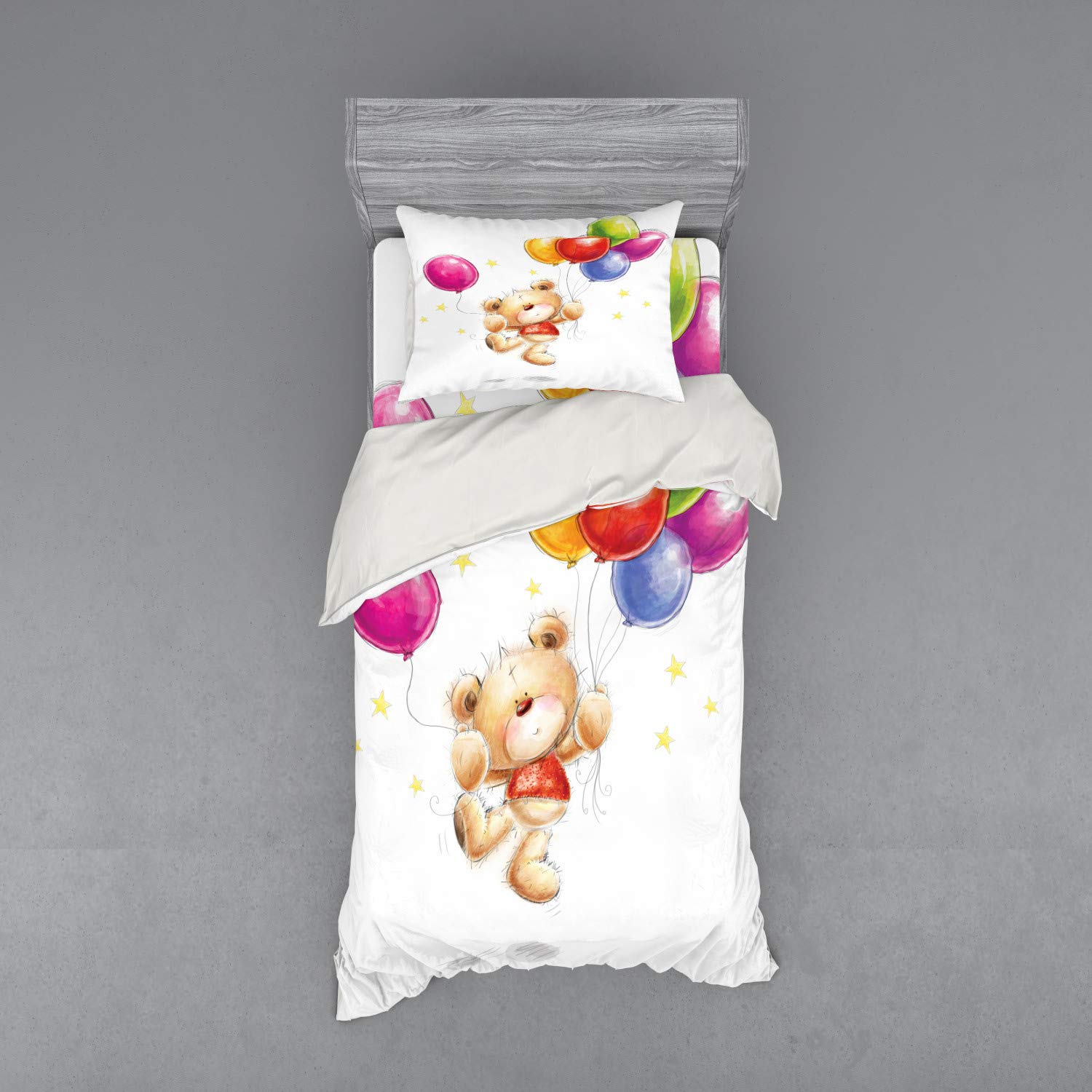 Ambesonne Cartoon Duvet Cover Set - Teddy Bear with Colorful Balloons & Stars Print, 3-Piece Bedding Set with Pillow Sham & Fitted Sheet, Twin XL Size, Multicolor | Perfect for Kids' Rooms, Nursery Decor, and Cheerful Bedroom Themes