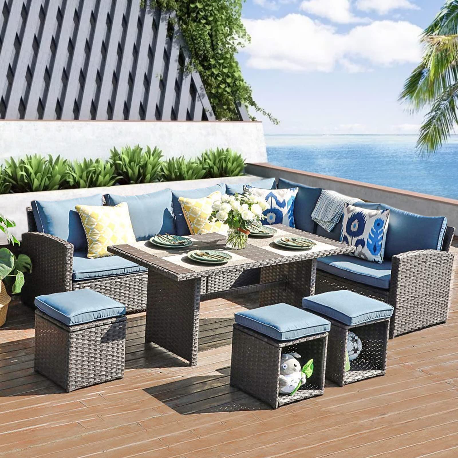 COBANA 7-Piece All-Weather Wicker Patio Furniture Set - Outdoor Sectional Sofa with Dining Table & Chairs - Aegean Blue - Perfect for Backyard, Garden, Poolside & Patio Relaxation