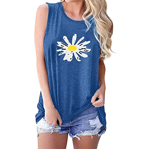 Women's Daisy Floral Print Tank Top - Cute Summer Sleeveless Blouse for Casual Wear & Vacation Outfits (Blue, XXL) | Perfect for Beach Trips, Music Festivals & Summer Getaways
