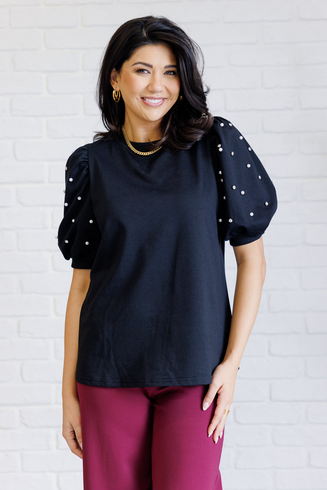Black Diamonds and Pearls Puff Sleeve Blouse - Elegant Women's Fashion Top for Parties, Dates & Special Occasions