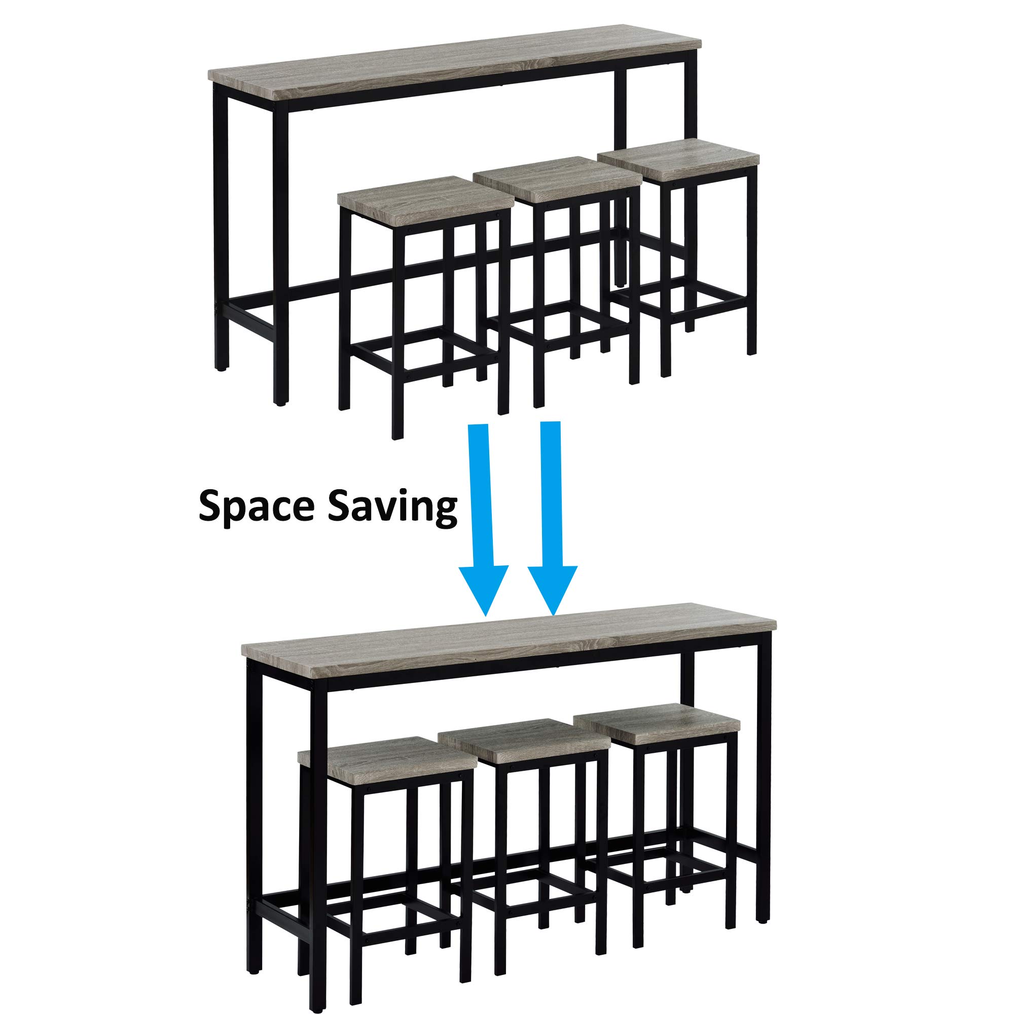 4-Piece Industrial Style Counter Height Dining Table Set with 3 Stools & Footrest - Extra Long Pub Table, Kitchen Bar Table for Small Spaces - Perfect for Breakfast Nook, Apartment Dining, or Home Pub (Gray & Metal Finish)