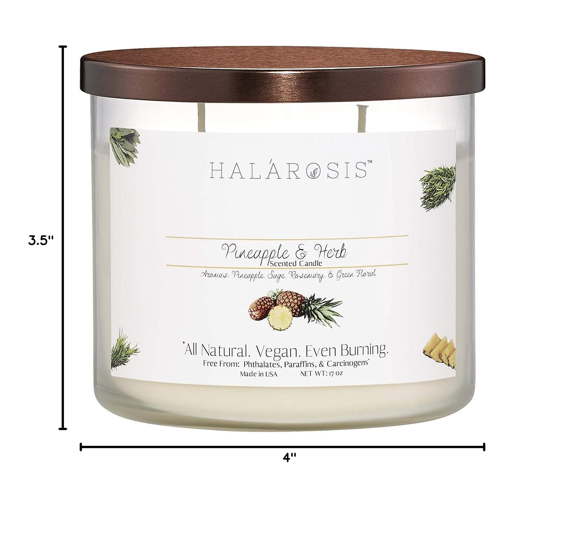 Halarosis Premium Soy Candles - 60-Hour Long Burning Pineapple & Herb Scented Candle (17 oz) with Cotton Wick - Perfect for Home Fragrance, Birthday Gifts, Housewarming & Special Occasions - Ideal for Living Room, Bedroom, Spa Relaxation & Romantic Dinners