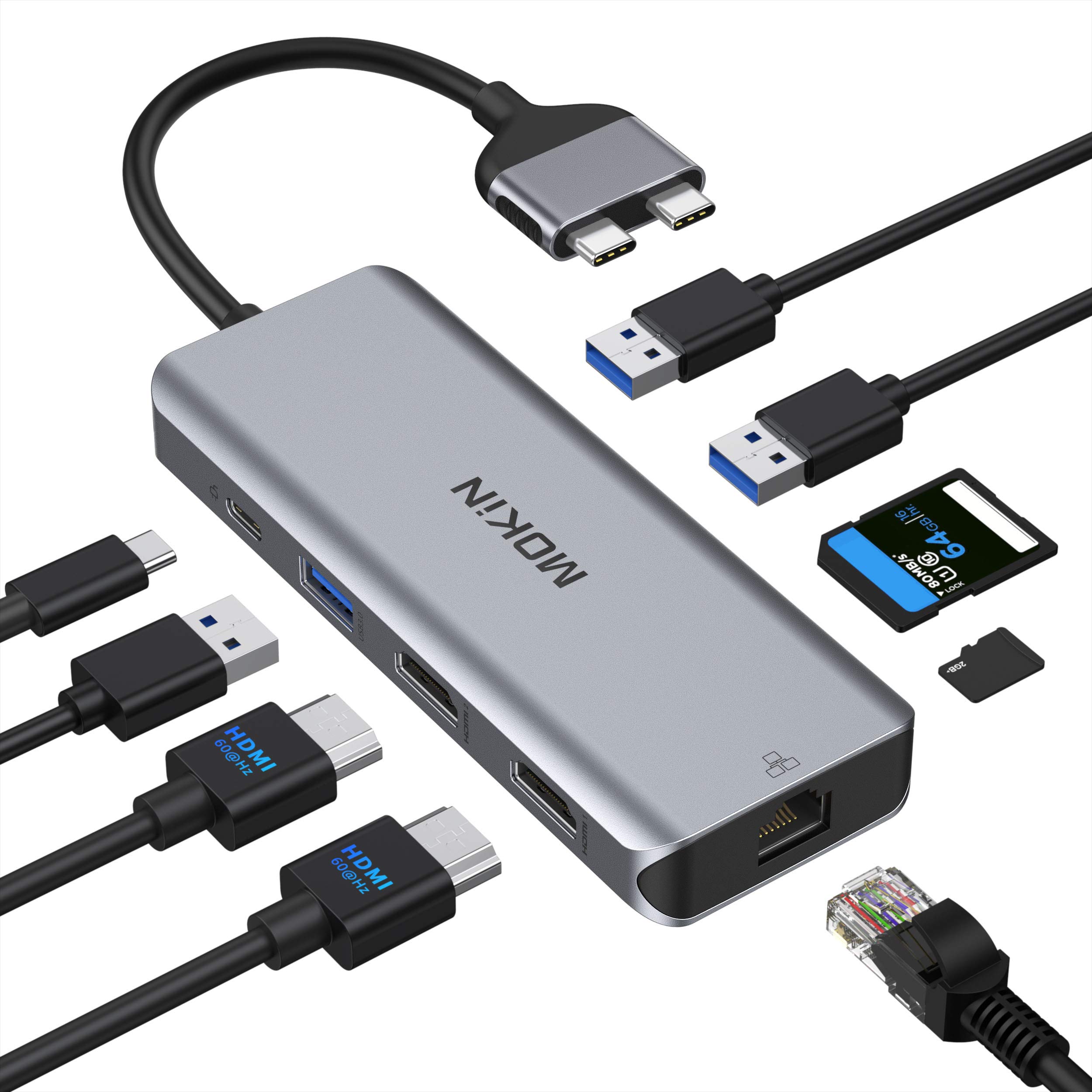 9-in-1 USB C Hub for MacBook Pro/Air - Dual HDMI 4K Adapter, 100W PD Charging, Ethernet, 3 USB Ports, SD/TF Card Reader - Perfect for Home Office, Video Editing & Multi-Monitor Setup