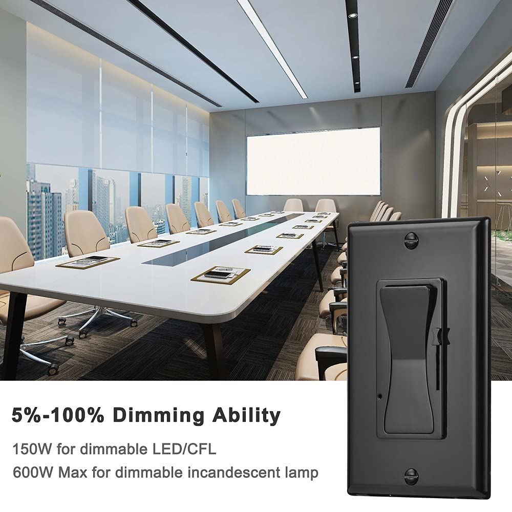 0-10V LED Dimmer Switch - Black Single Pole/3-Way Compatible with LED, Halogen & Incandescent Bulbs (Includes Wall Plate) - ETL Certified for Home, Office & Commercial Lighting Control