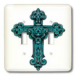 3D Rose Turquoise Religious Cross Double Toggle Switch - Decorative Wall Plate Cover for Home, Church & Office Decor