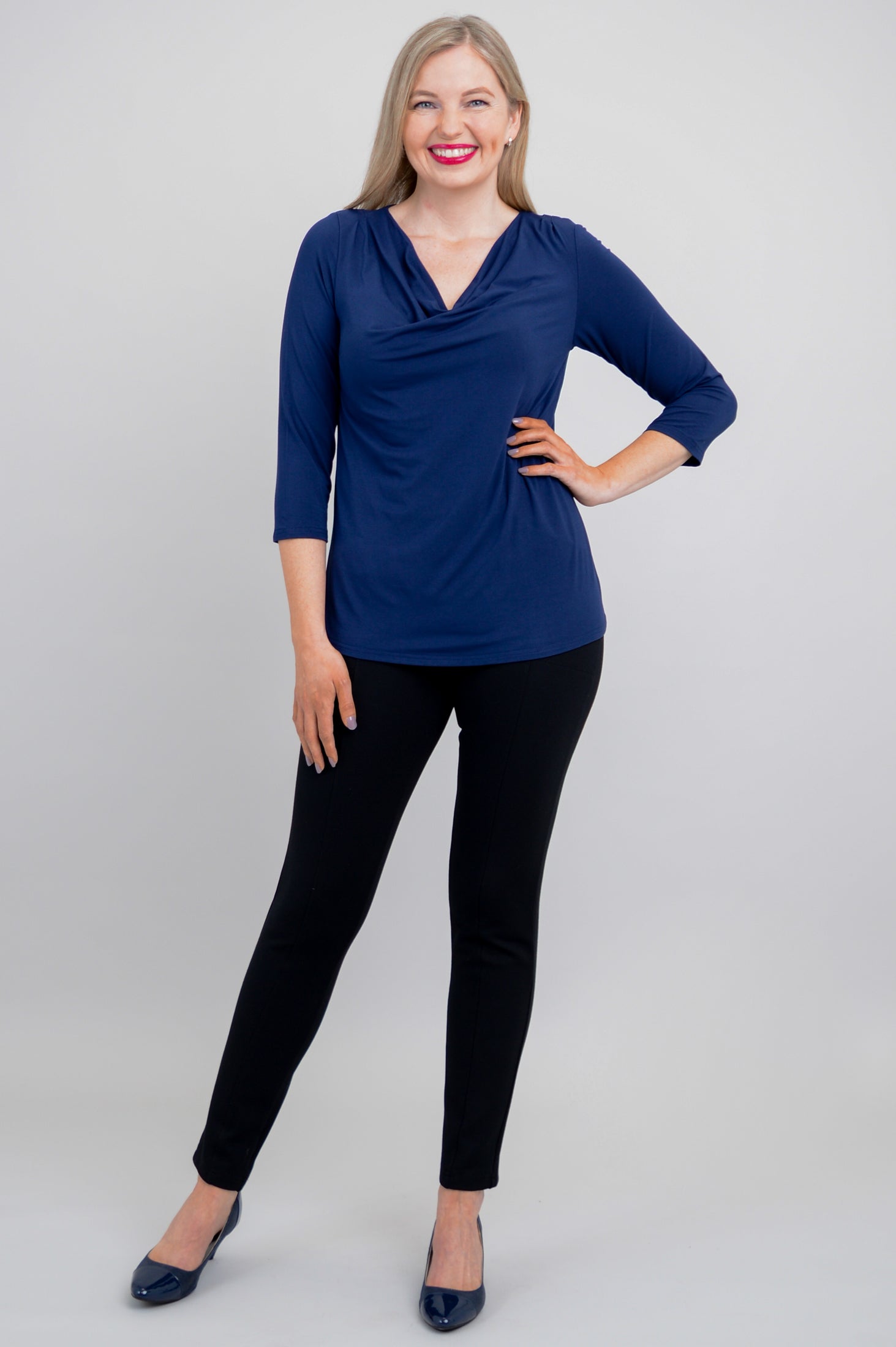 Charisse Women's 3/4 Sleeve V-Neck Bamboo Top in Indigo Blue | Soft Breathable Shirt for Casual Wear & Summer Outfits | Perfect for Office, Date Night & Weekend Errands