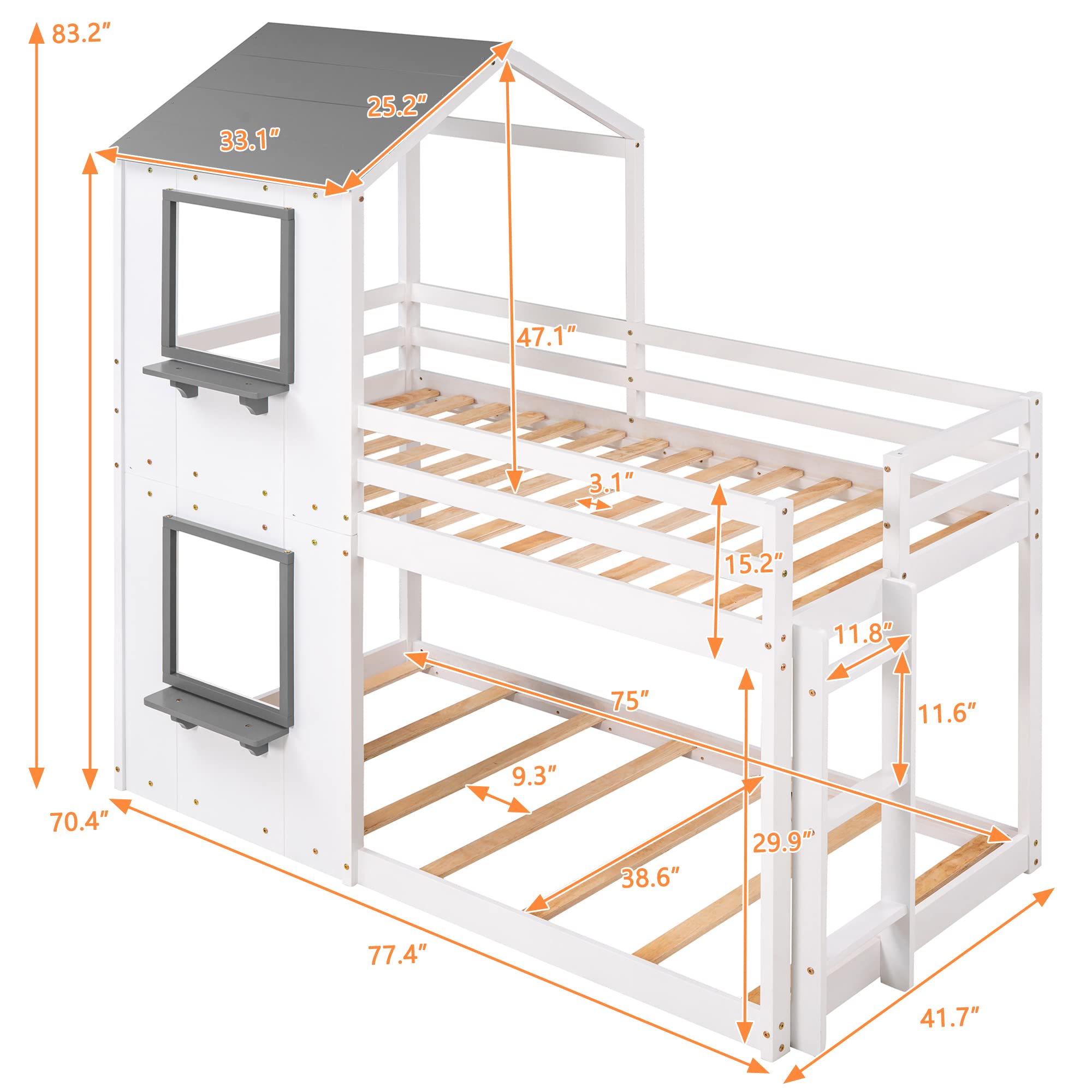 Kids Twin Over Twin Wooden Bunk Bed with Roof, Window & Guardrail - Sturdy Floor Bunk Bed Frame with Ladder, No Box Spring Needed (White & Gray) - Perfect for Small Bedrooms, Shared Kids Rooms & Space-Saving Sleep Solutions