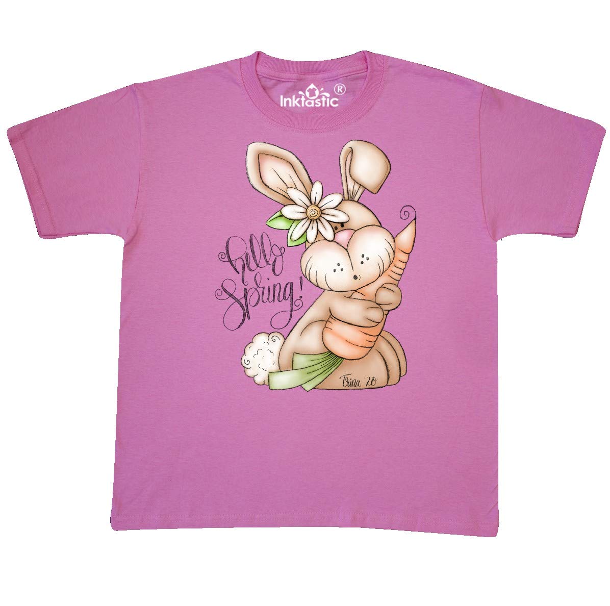 Inktastic Hello Spring Bunny Rabbit Youth T-Shirt - Cute Easter Graphic Tee for Kids | Soft Cotton Spring Apparel for Boys & Girls | Perfect for Easter Celebrations, Spring Outfits & Playdates