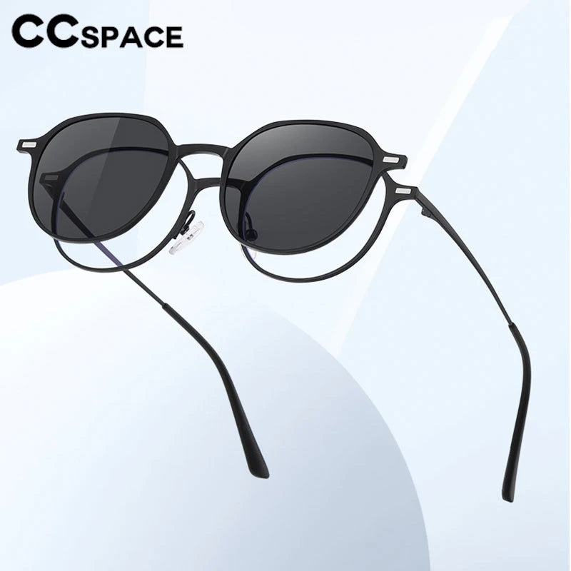 CCspace Women's Full Rim Round Alloy Eyeglasses with Clip-On Sunglasses - Stylish Prescription Glasses & UV Protection Shades for Work, Driving, and Outdoor Activities (Model 302078)