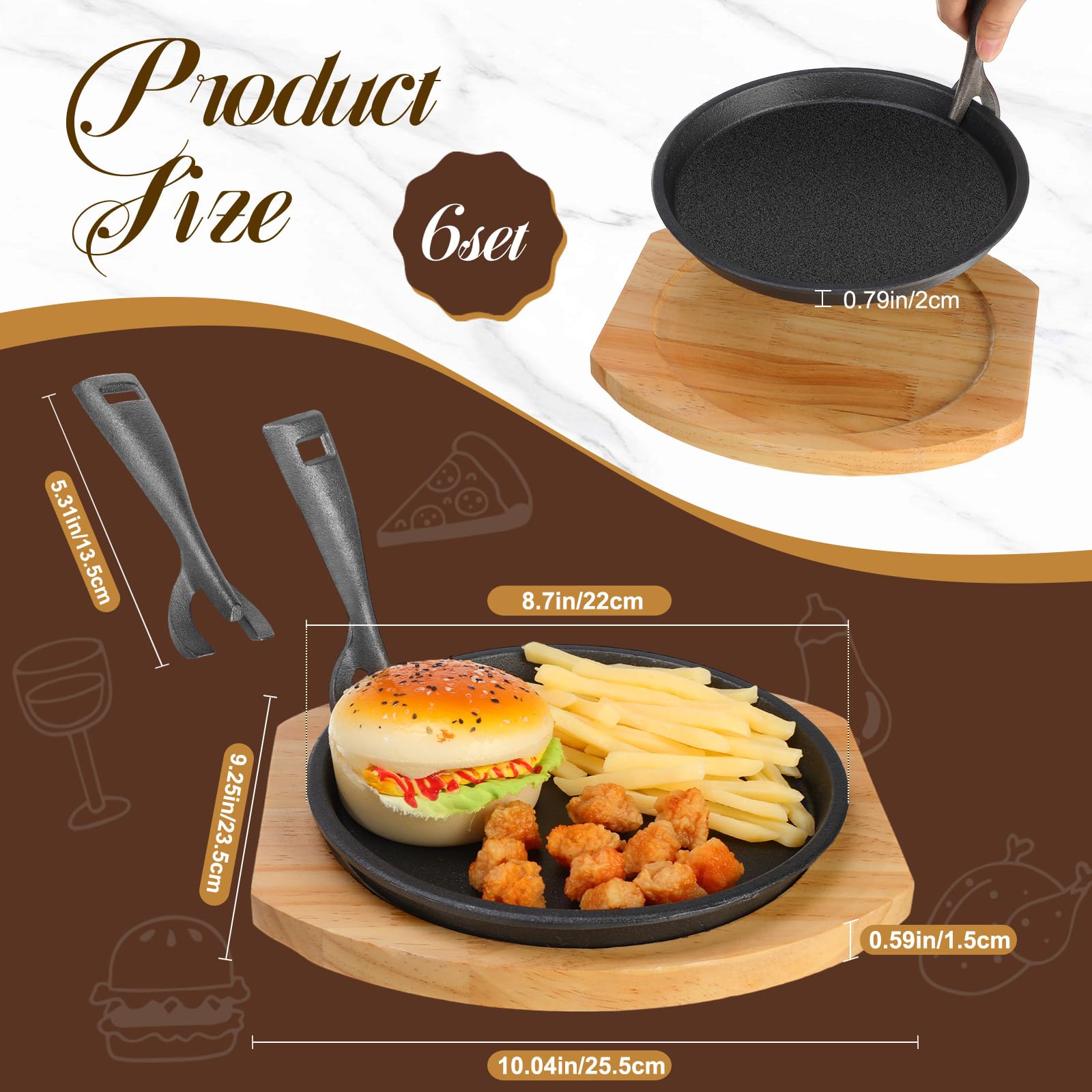 6-Piece Cast Iron Fajita Plate Set with Wooden Base - Anti-Scald Protection & Removable Handle - 8.7 Inch Sizzling Skillets for Home, Restaurant & BBQ - Perfect for Sizzling Fajitas, Steak, Seafood & Sizzler Dishes at Parties & Outdoor Cooking