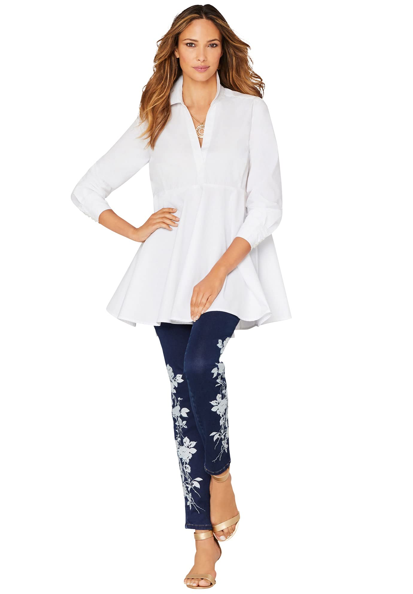 Roaman's Women's Plus Size Poplin Swing Tunic Top - Flowy Casual Blouse for Work, Date Night & Summer Outfits