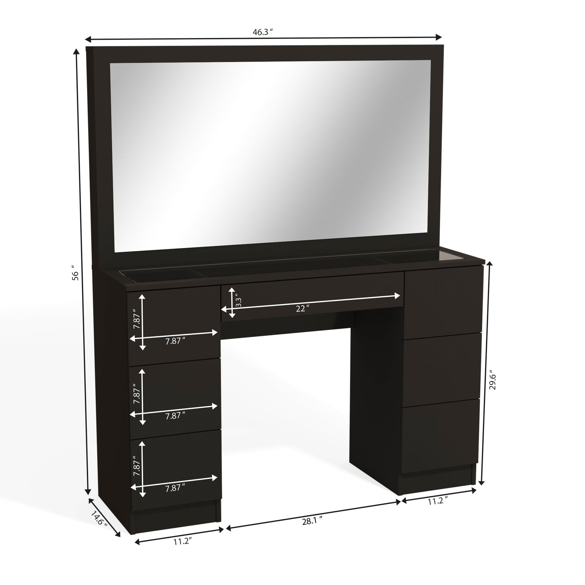 Boahaus Yara Large Makeup Vanity Desk with Hollywood Lights & 7 Drawers - USB Type-C/A Ports, 110V Outlet, Hair Dryer Hanger - Glass Top & Crystal Knobs - Black Finish for Bedroom, Dressing Room & Beauty Salon
