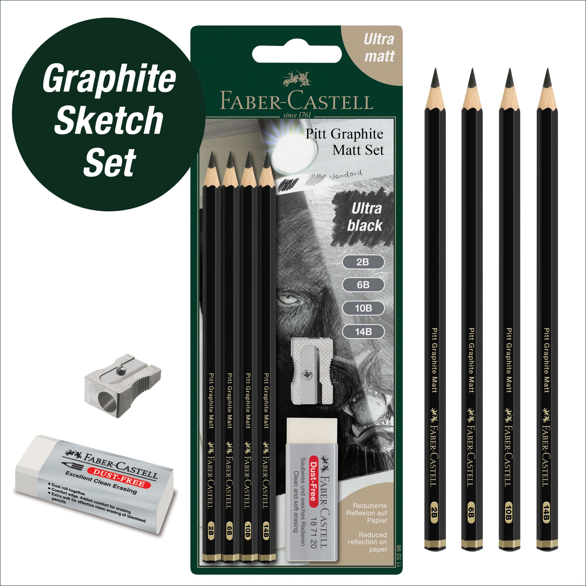Professional Pitt Graphite Matte Sketching Pencils Set (2B, 6B, 10B, 14B) - Ideal for Artists, Drawing & Shading Techniques - #115298