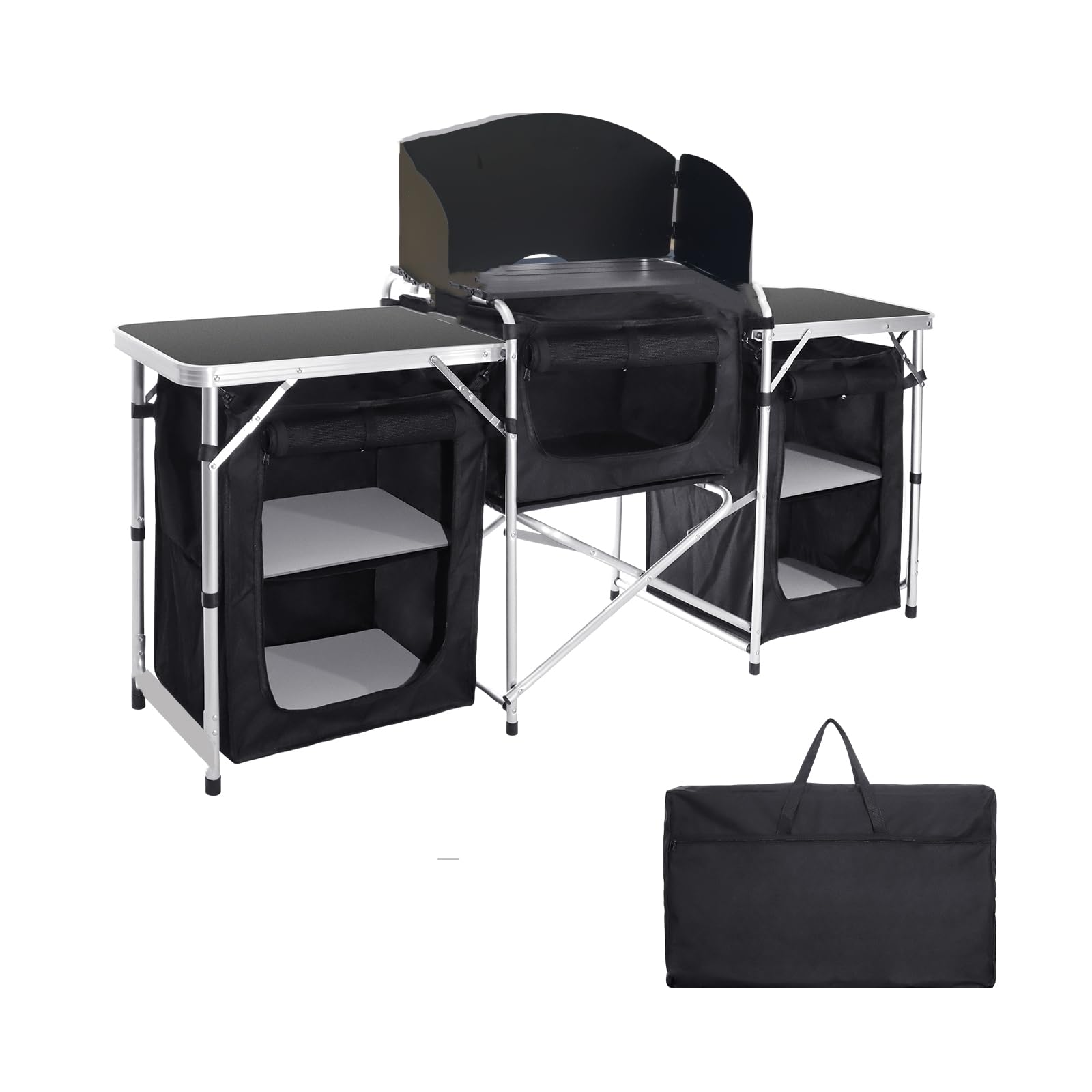 Portable Aluminum Folding Camping Table with Storage - Lightweight Outdoor Picnic Table with Windscreen & Cupboards for BBQ, Party, Hiking, Beach, Tailgating & Backyard Cooking (Black)