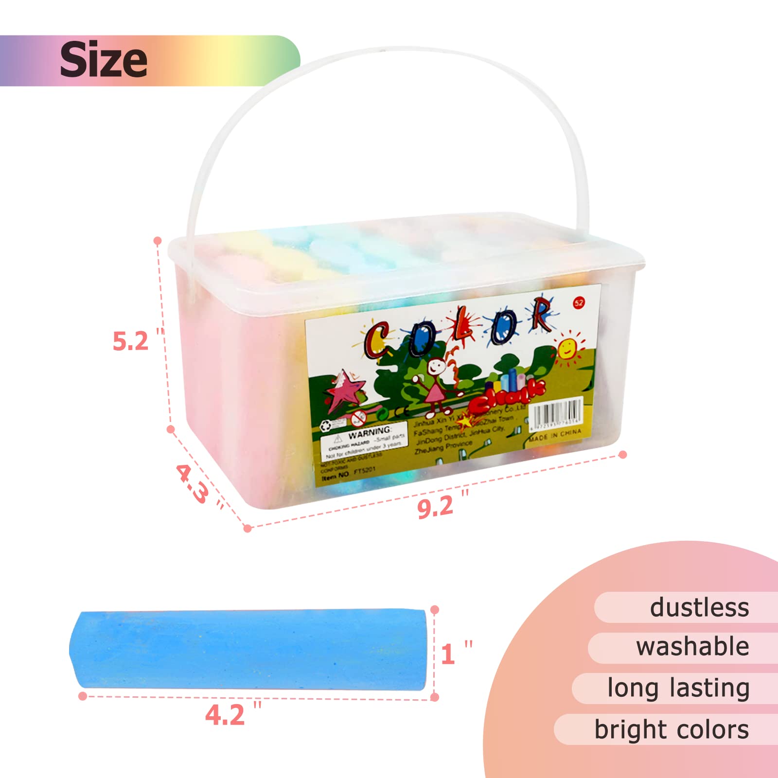 Washable Jumbo Sidewalk Chalk Set - 52 Pieces in 7 Vibrant Colors for Kids & Adults | Non-Toxic Outdoor & Classroom Chalkboard Paint | Perfect for Birthday Parties, School Activities & Driveway Art