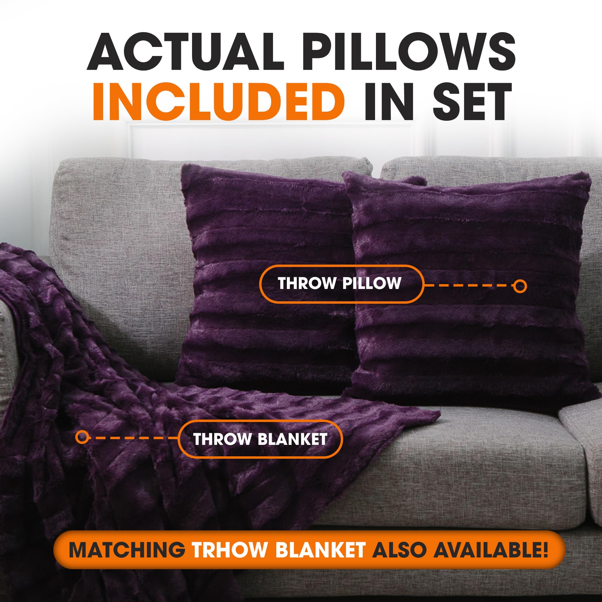 Luxury Faux Fur Throw Pillows Set of 2 - 24x24 Inch Soft Decorative Couch & Bed Pillows, Purple Accent Pillows for Living Room & Bedroom Aesthetic - Cozy Home Decor for Sofa, Lounge & Reading Nook