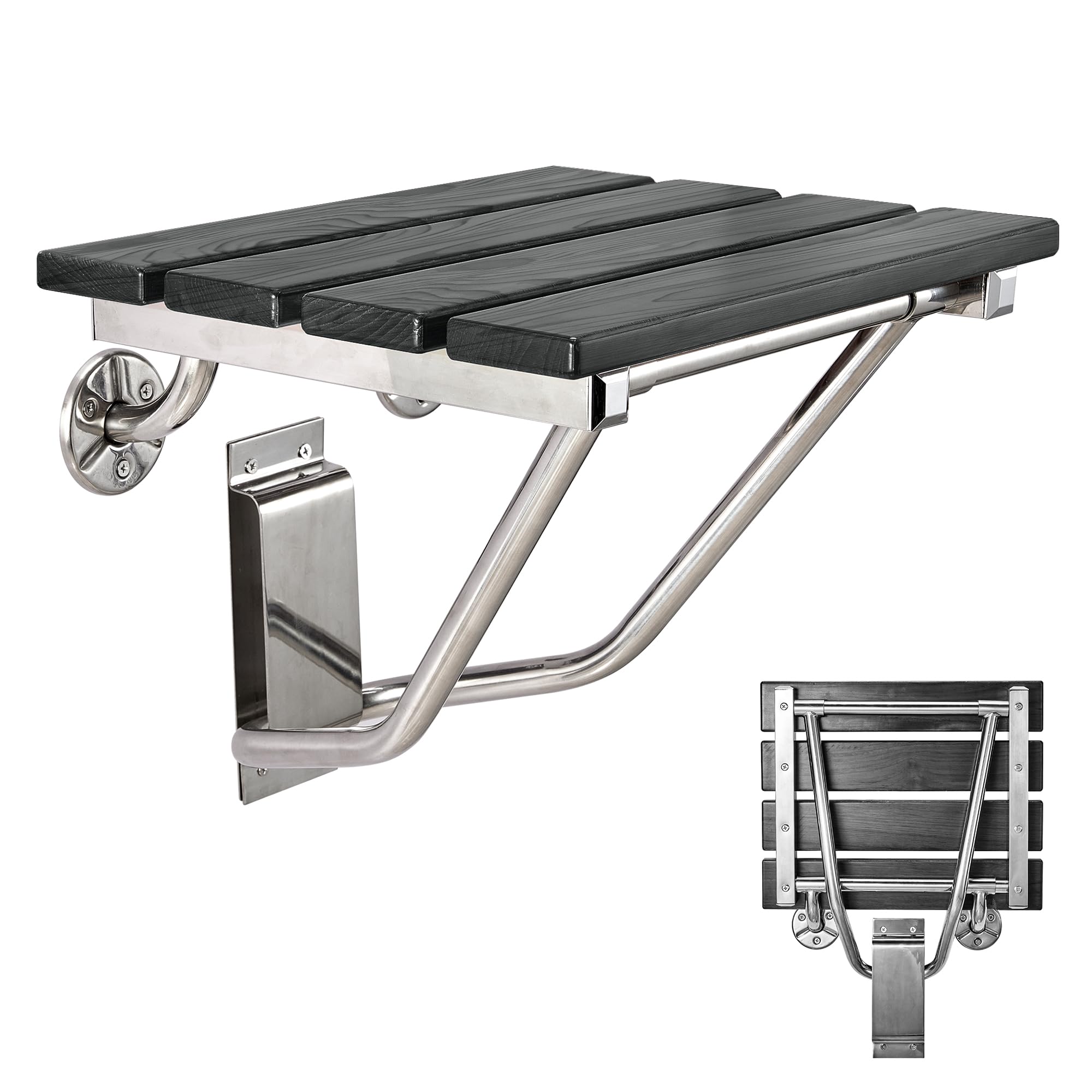Foldable Wall-Mounted Shower Seat & Bench - Sturdy 350lb Capacity Shower Chair for Small Bathroom Spaces - Collapsible Shower Stool for Bathtub Safety - Plastic Wood Black Finish - Ideal for Elderly, Disabled & Space-Saving Bathroom Designs