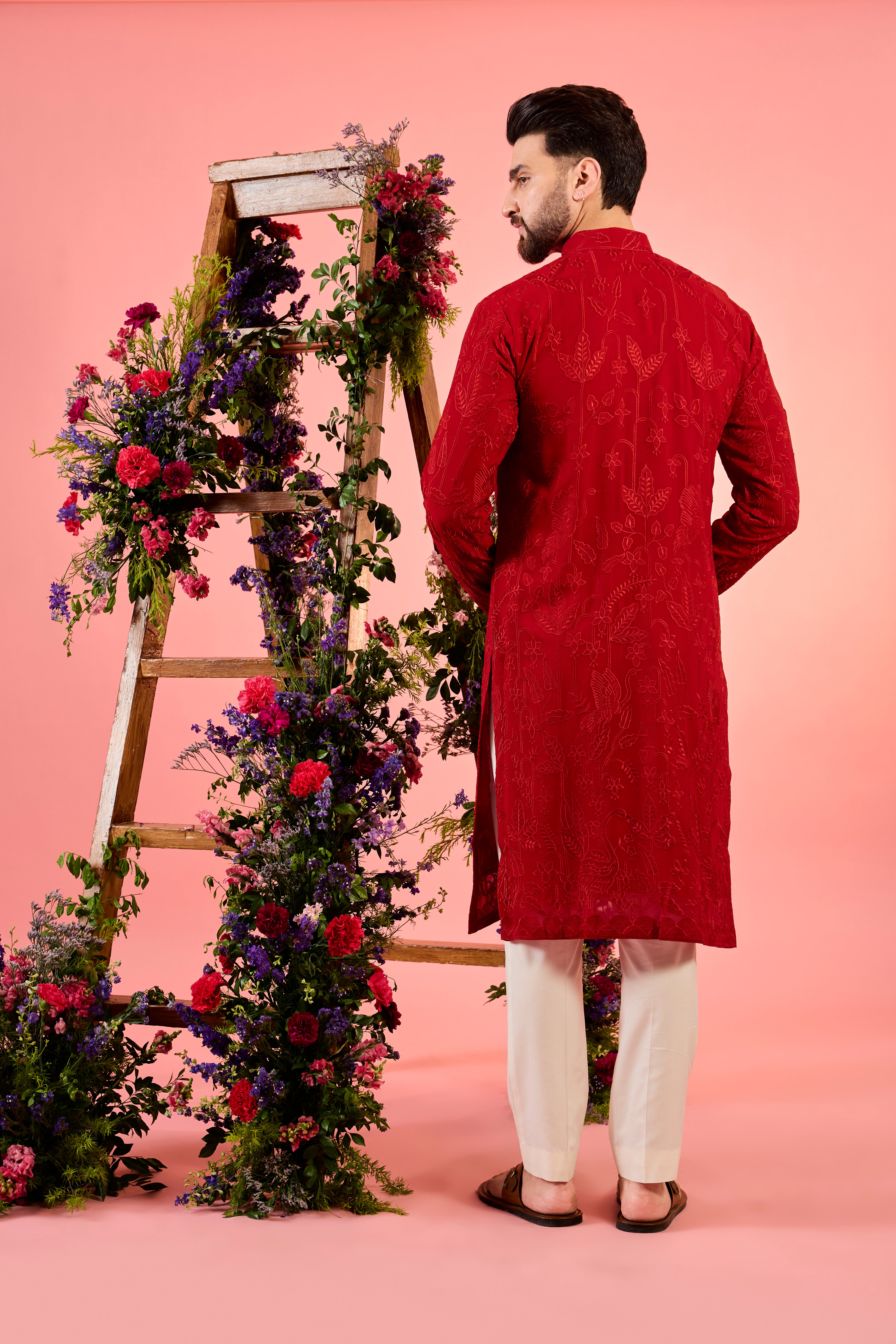 Elegant Red Chikankari Kurta with Delicate Floral & Fauna Embroidery - Perfect for Festivals, Weddings & Ethnic Occasions