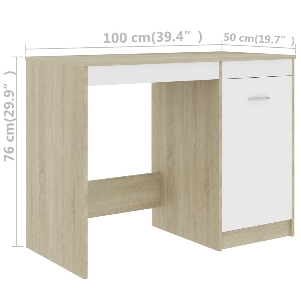 Modern White and Sonoma Oak Finish Sleek Desk - Engineered Wood Construction with Integrated Storage Cabinet - Scandinavian Design Home Office Desk (39.4”x19.7”x29.9”) - Perfect for Small Spaces, Work from Home & Study Rooms