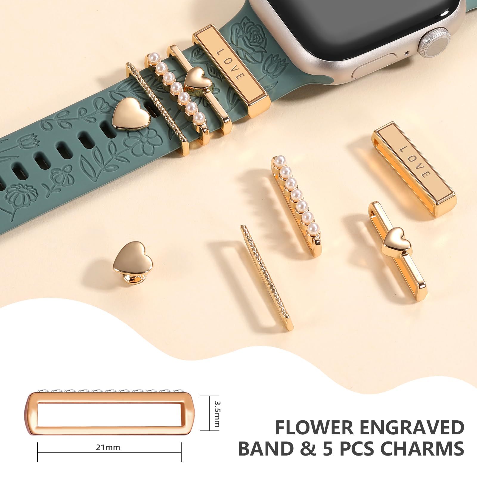 DaQin Floral Engraved Silicone Band Compatible with Apple Watch 38mm 40mm 41mm 42mm 44mm 45mm - Women's Fashion Strap with Charms for iWatch Series SE/1/2/3/4/5/6/7/8/9 - Perfect for Workouts, Office & Everyday Wear