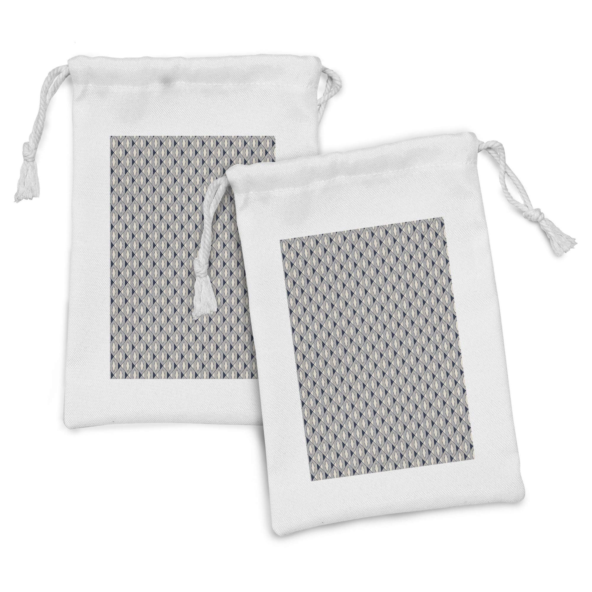 Ambesonne Geometric Fabric Pouch Set of 2 - Retro Striped Rhombus Design in Neutral Tones - Small Drawstring Bag for Toiletries, Masks & Party Favors (9