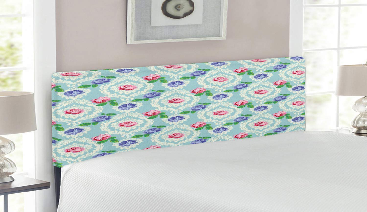 Ambesonne Shabby Floral Queen Size Headboard - Baroque Inspired Victorian Pattern with Colorful Roses & Fragrance Buds Art, Upholstered Decorative Metal Bed Frame with Memory Foam (Multicolor) - Perfect for Master Bedrooms, Guest Rooms & Vintage Home Decor