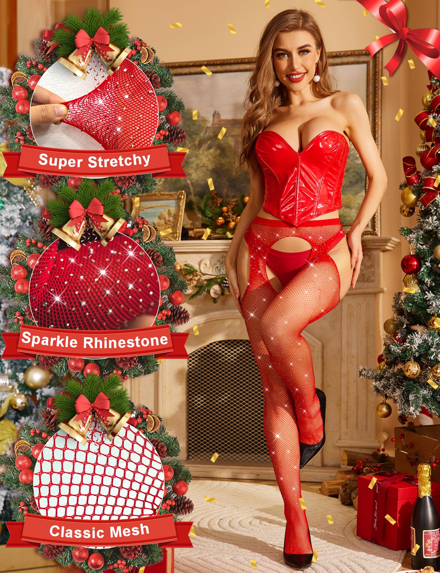 RSLOVE Women's Rhinestone Fishnet Stockings - High Waist Sparkle Tights & Pantyhose for Party, Cosplay, and Night Out