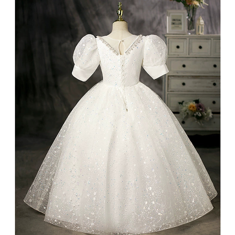 Princess Round Floor Length White Flower Girl Dress for Weddings, Baptisms, and Special Occasions
