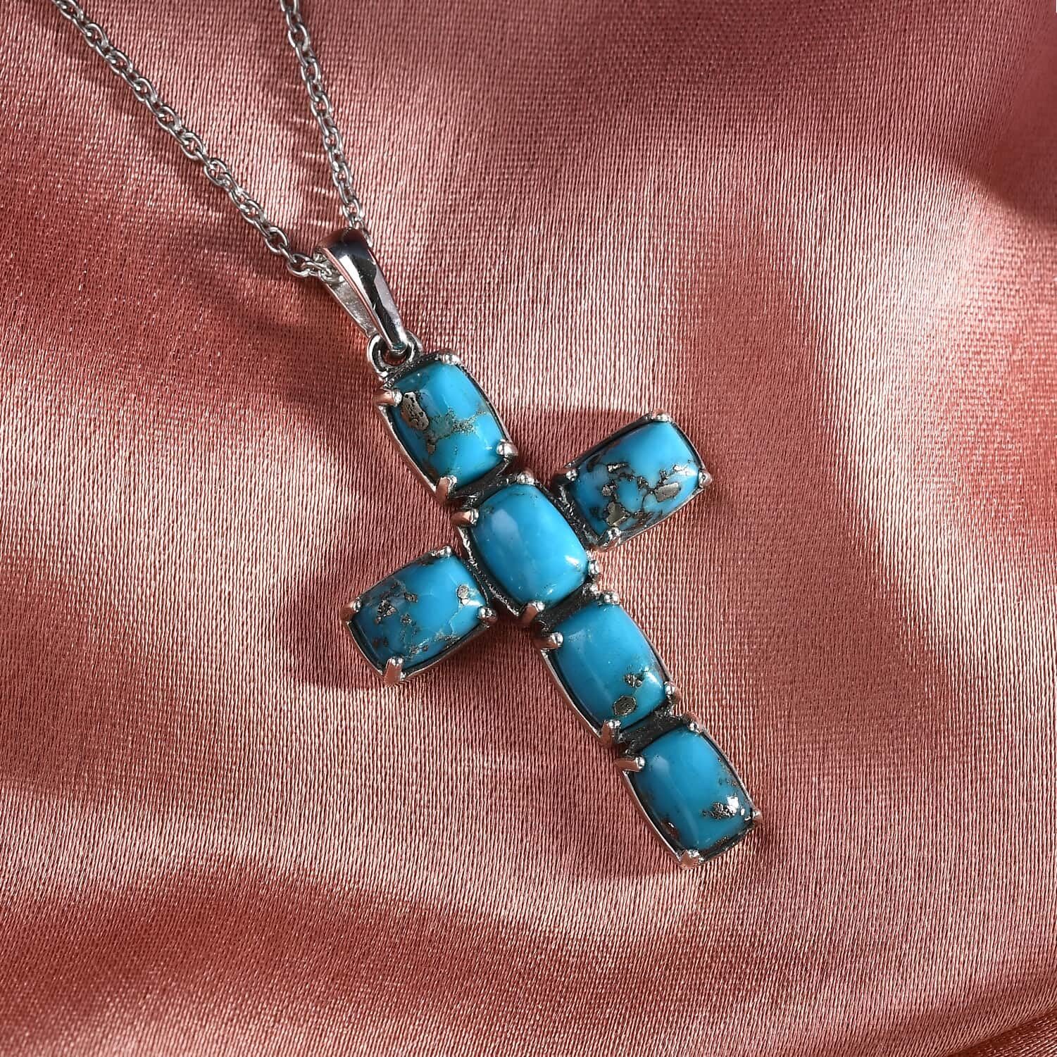 925 Sterling Silver Turquoise Cross Necklace for Women - Platinum Plated Religious Jewelry - 20