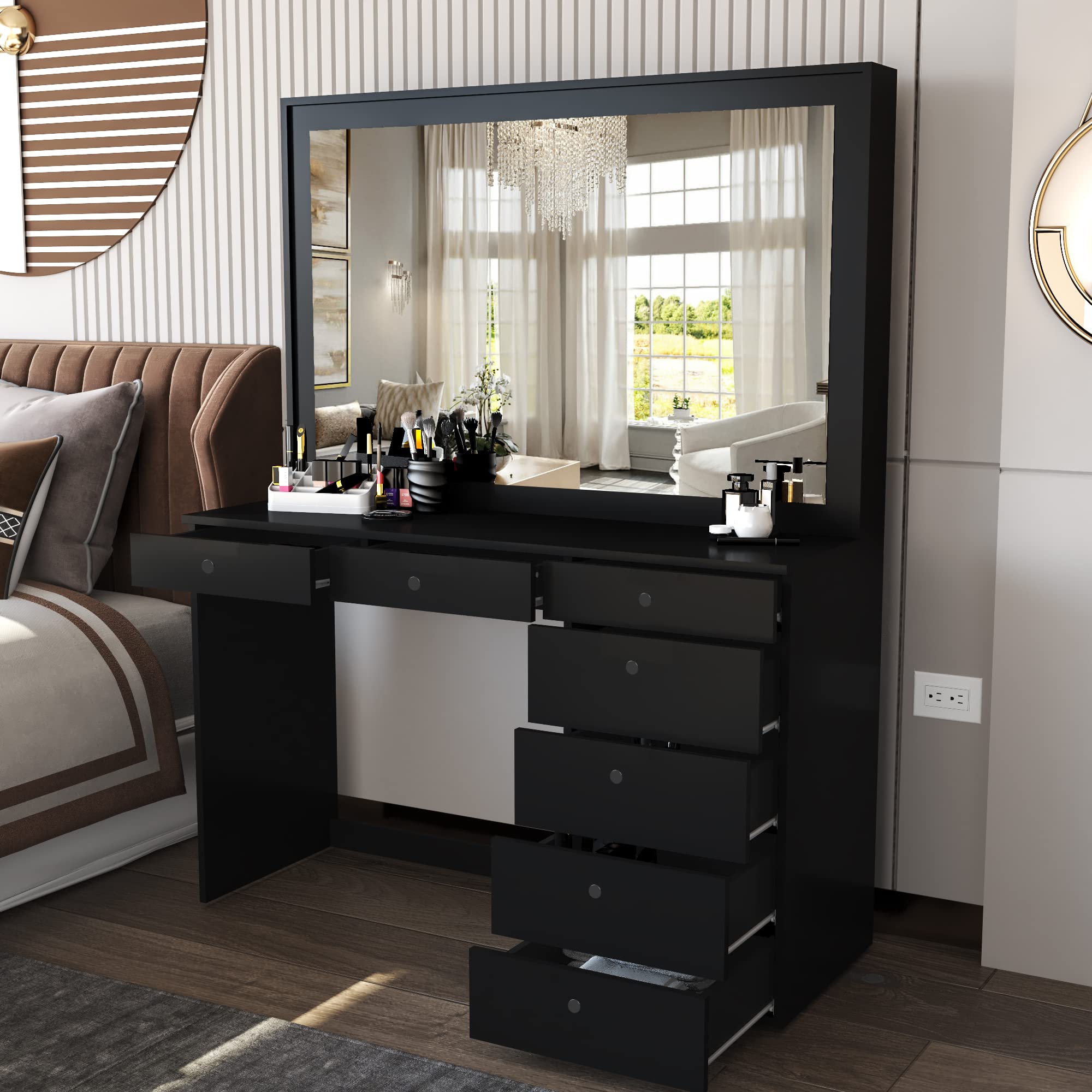Boahaus Joan 7-Drawer Makeup Vanity Desk with Hollywood Mirror, Black Painted Dressing Table for Bedroom - Perfect for Makeup Organization & Beauty Routine