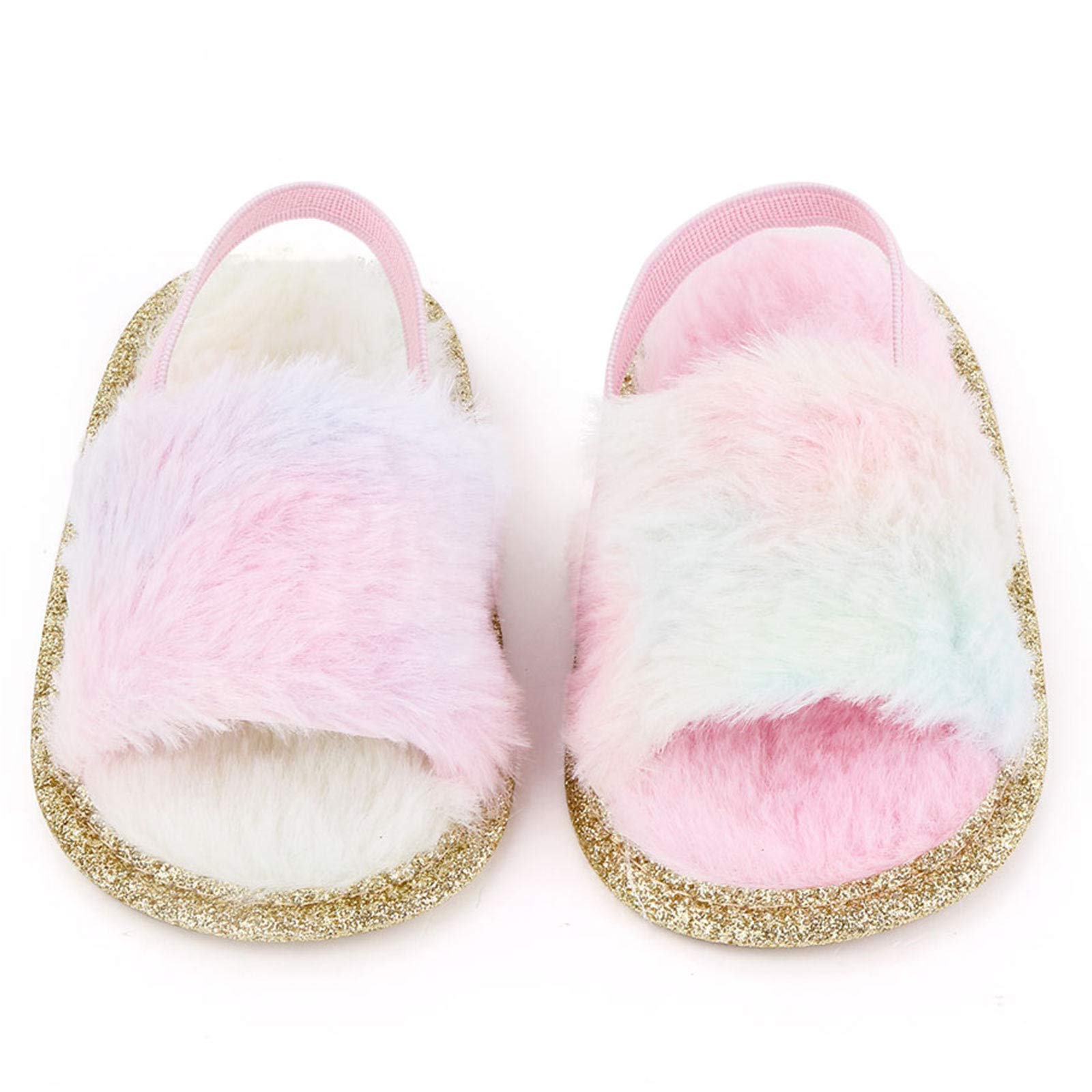 2 Pack Baby Girls Sandals - Soft Elastic Back Strap Flats with Faux Fur - First Walker Slippers for Toddlers | Indoor House Shoes & Princess Style Outdoor Play