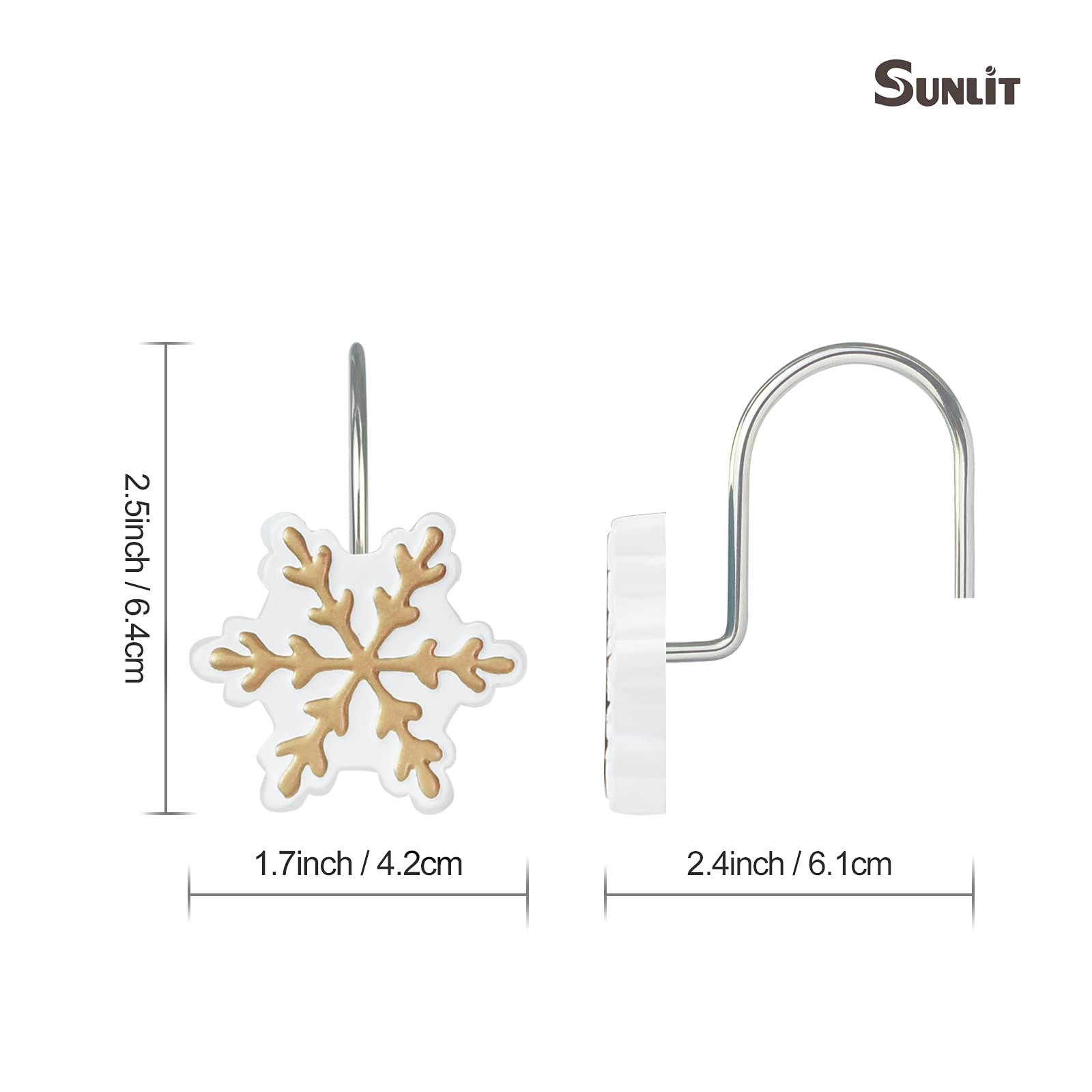Snowflake Christmas Shower Curtain Hooks - 12 Pack White & Gold Resin Shower Rings for Holiday Bathroom Decor | Perfect for Winter Home Decor, Christmas Gifts & Festive Bathroom Upgrades