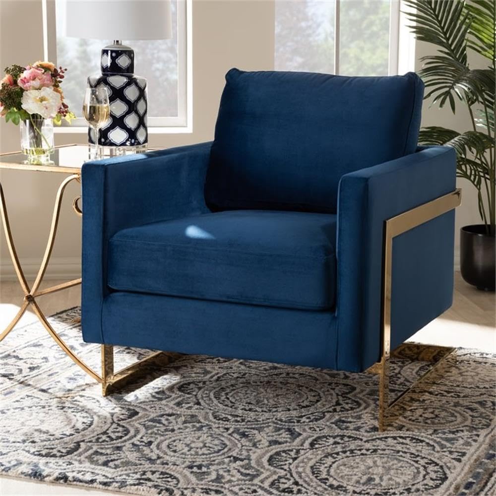 Baxton Studio Matteo Velvet Fabric Accent Chair with Gold Finish - Royal Blue Velvet Upholstered Chair for Living Room, Bedroom & Home Office Decor
